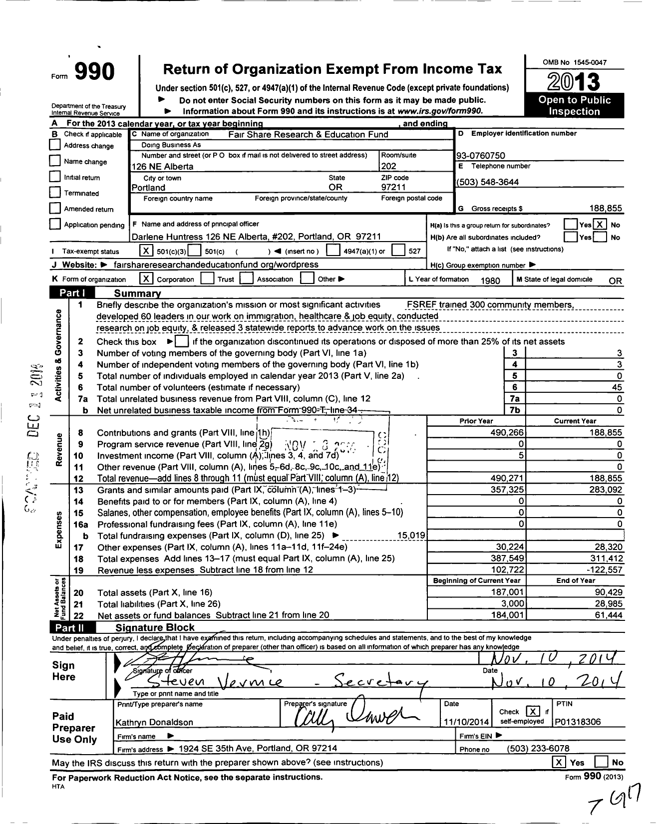 Image of first page of 2013 Form 990 for Fair Share Research and Education Fund