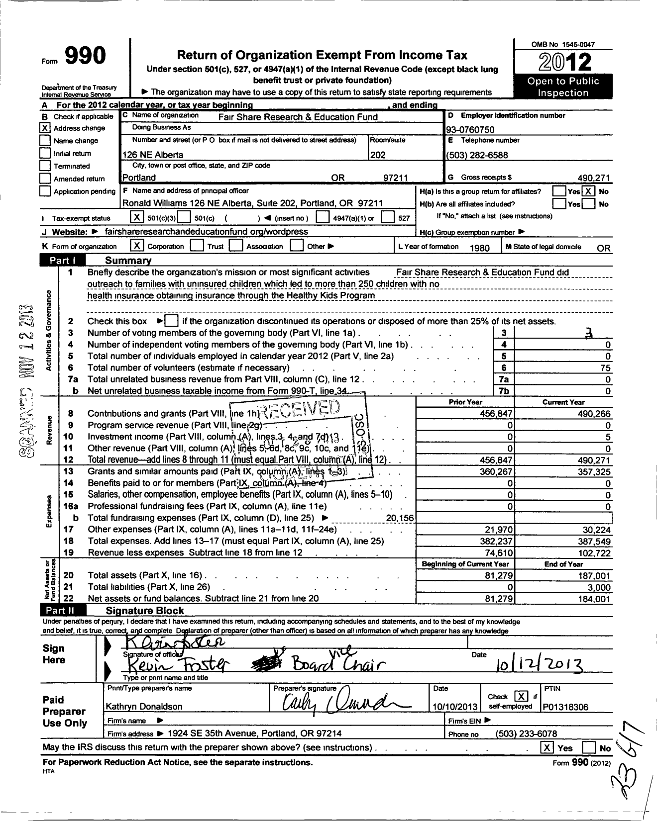 Image of first page of 2012 Form 990 for Fair Share Research and Education Fund