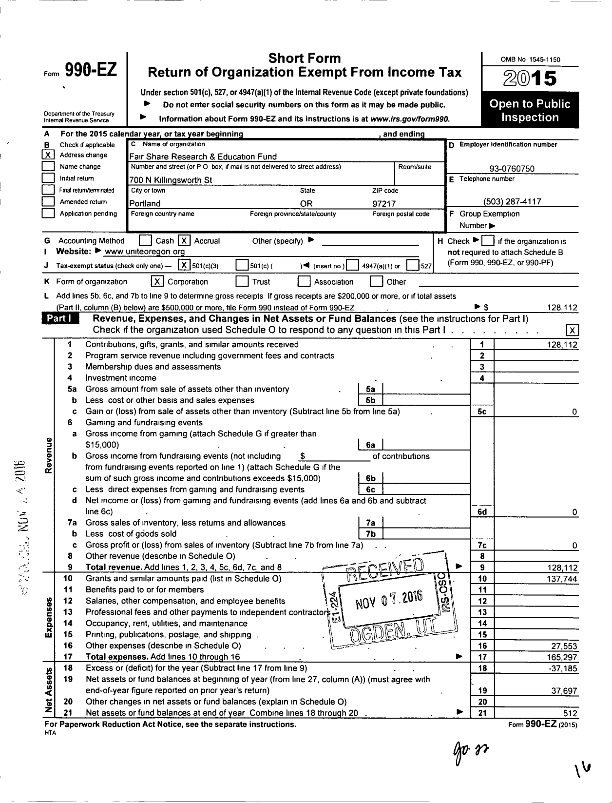 Image of first page of 2015 Form 990EZ for Fair Share Research and Education Fund