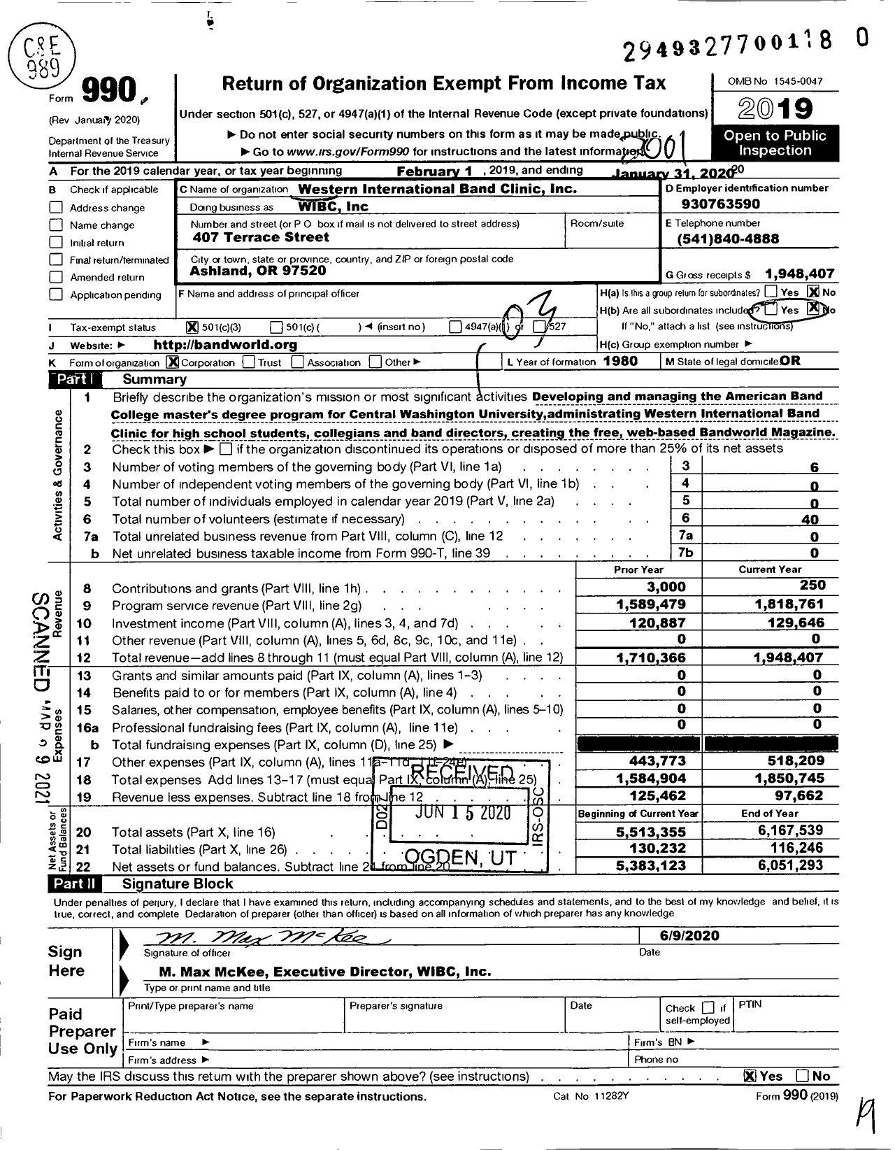 Image of first page of 2019 Form 990 for Western International Band Clinic (WIBC)