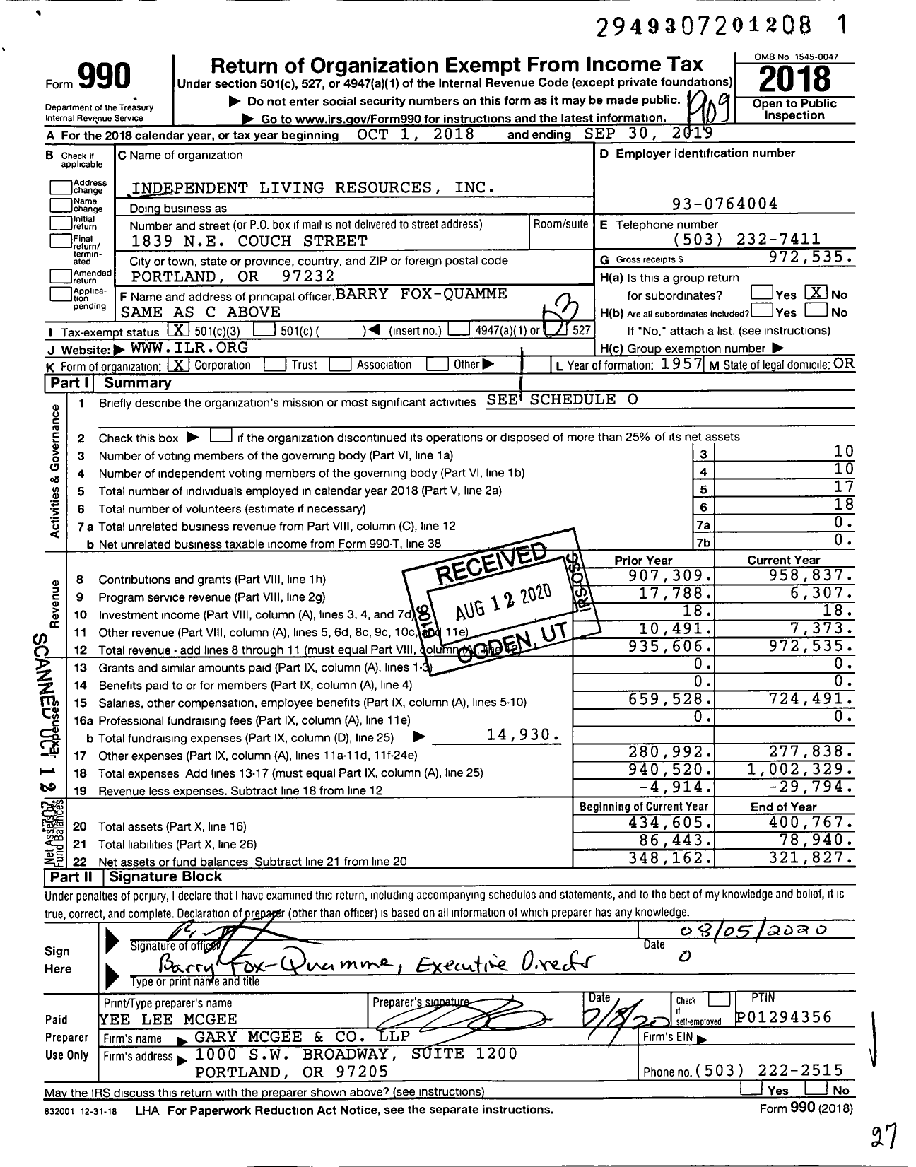 Image of first page of 2018 Form 990 for Independent Living Resources