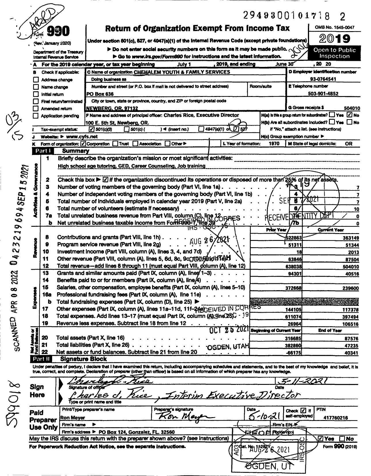 Image of first page of 2019 Form 990 for Chehalem Youth & Family Services