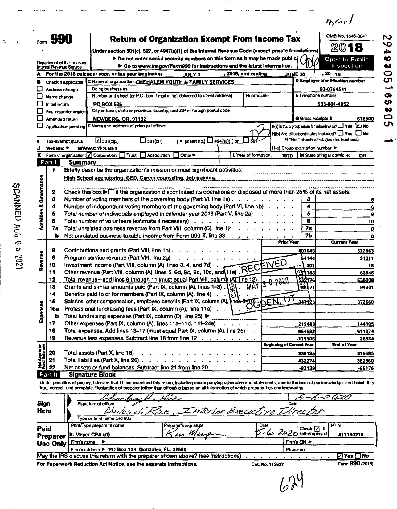 Image of first page of 2018 Form 990 for Chehalem Youth & Family Services