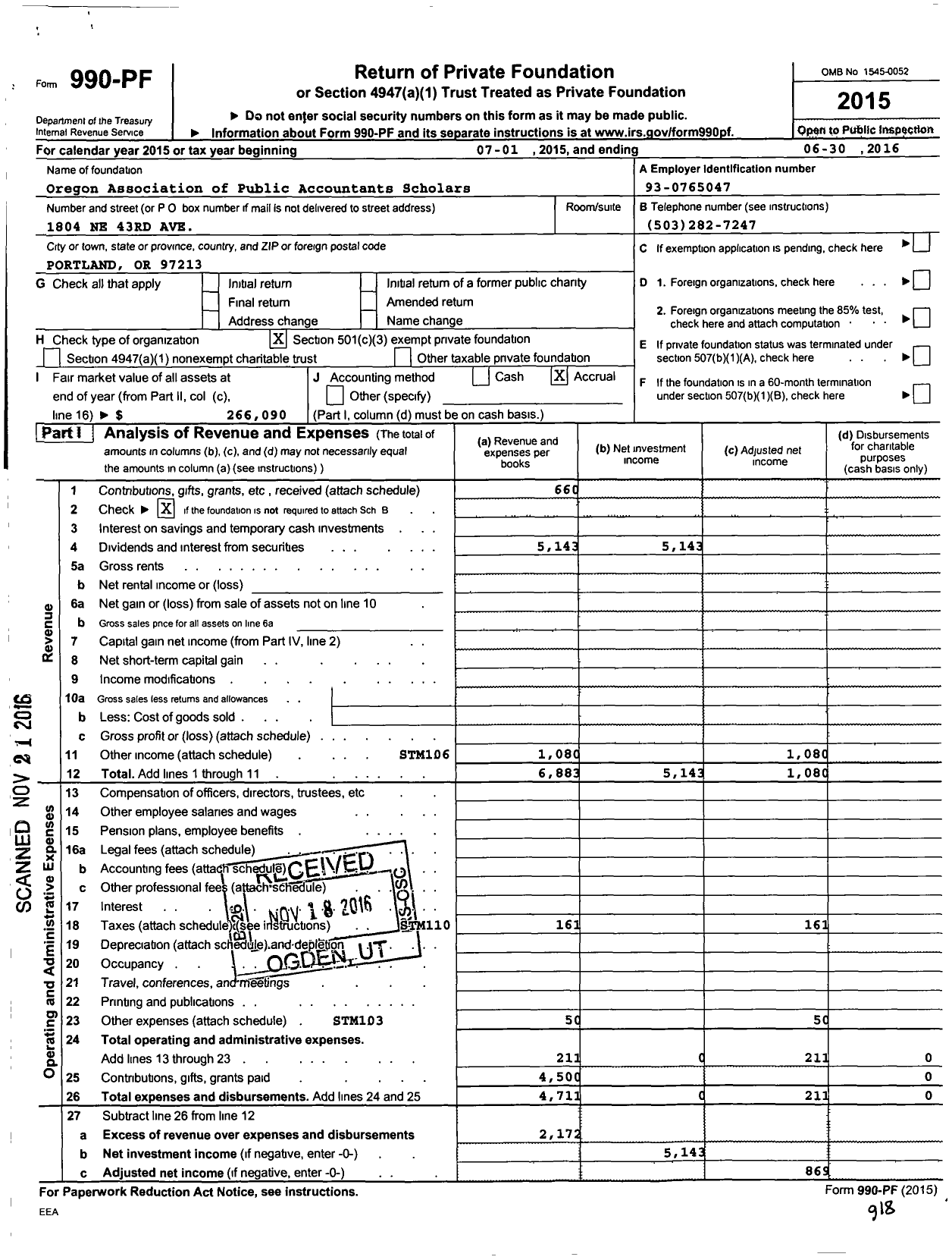 Image of first page of 2015 Form 990PF for Oregon Association of Public Accountants Scholarsh