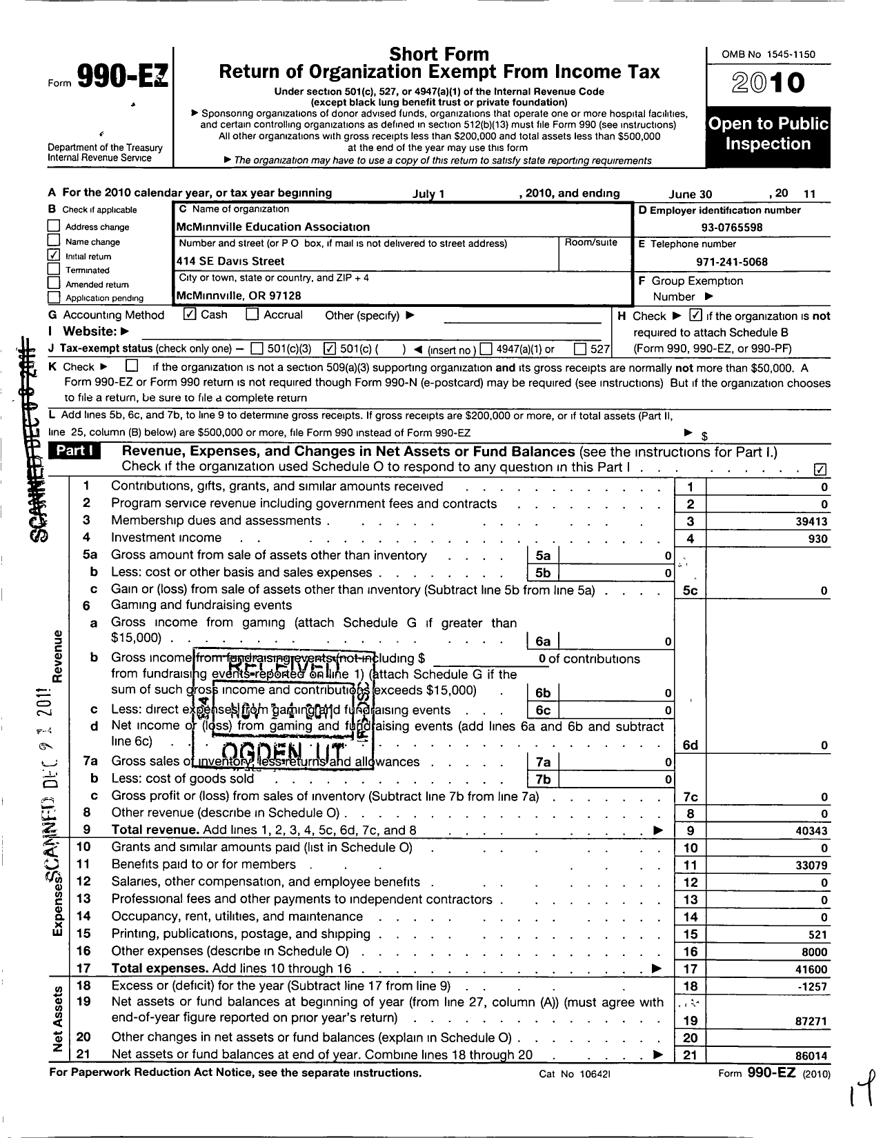 Image of first page of 2010 Form 990EO for Mcminnville Education Association