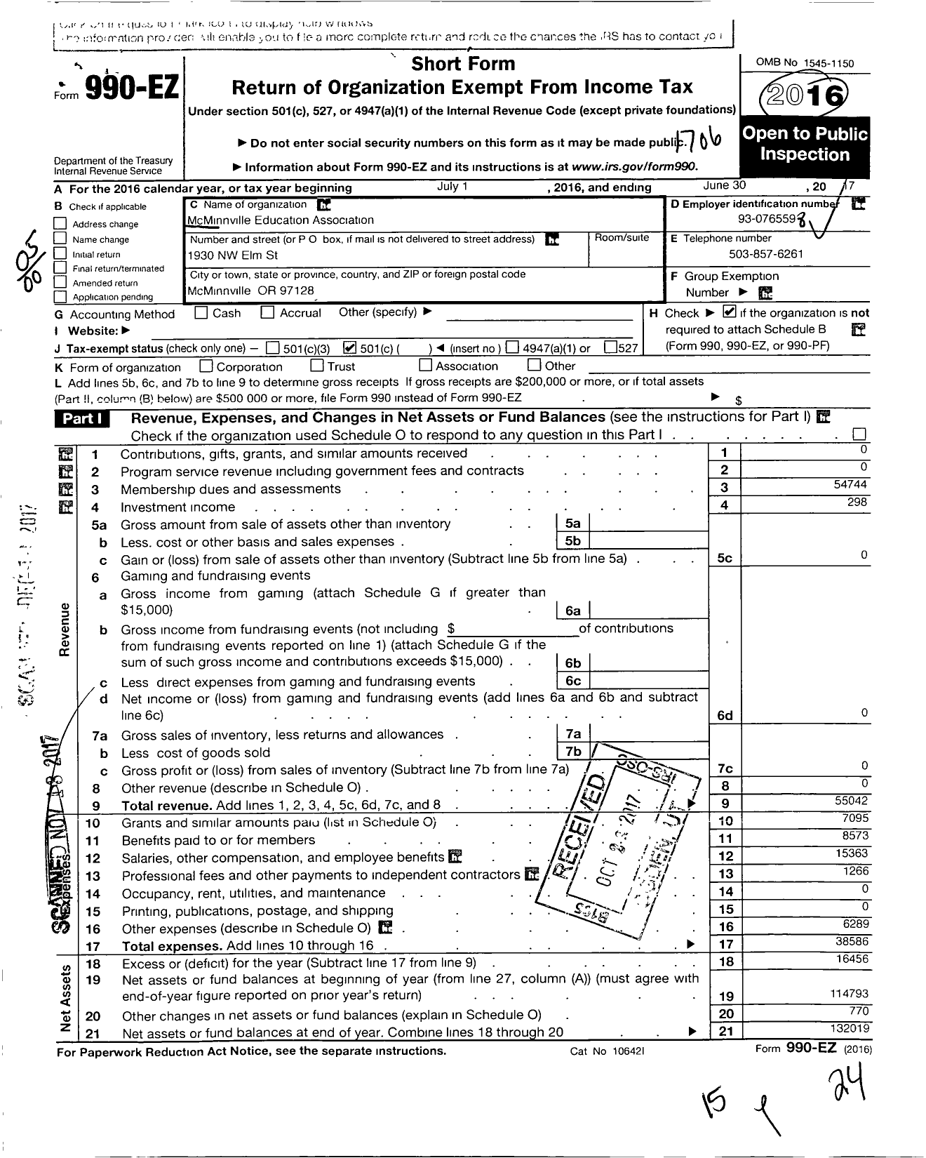 Image of first page of 2016 Form 990EO for Mcminnville Education Association