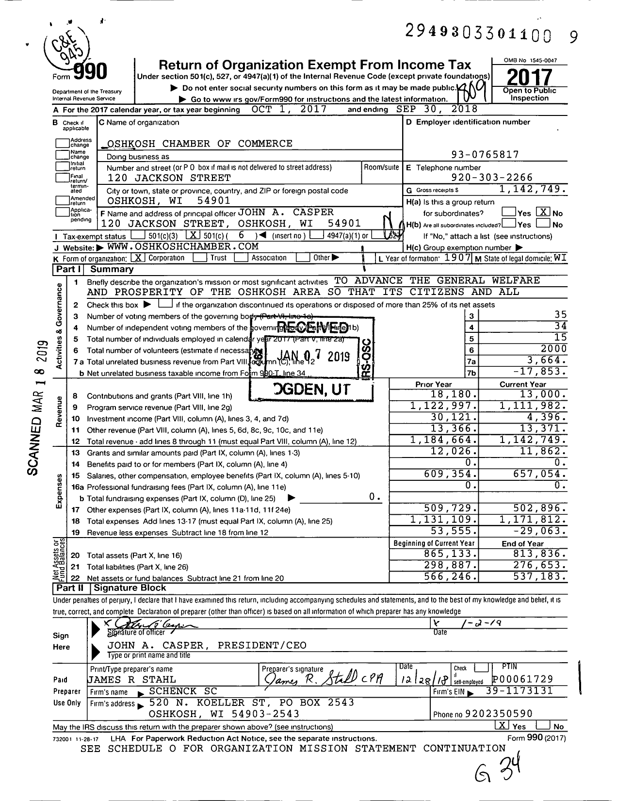 Image of first page of 2017 Form 990O for Oshkosh Chamber of Commerce