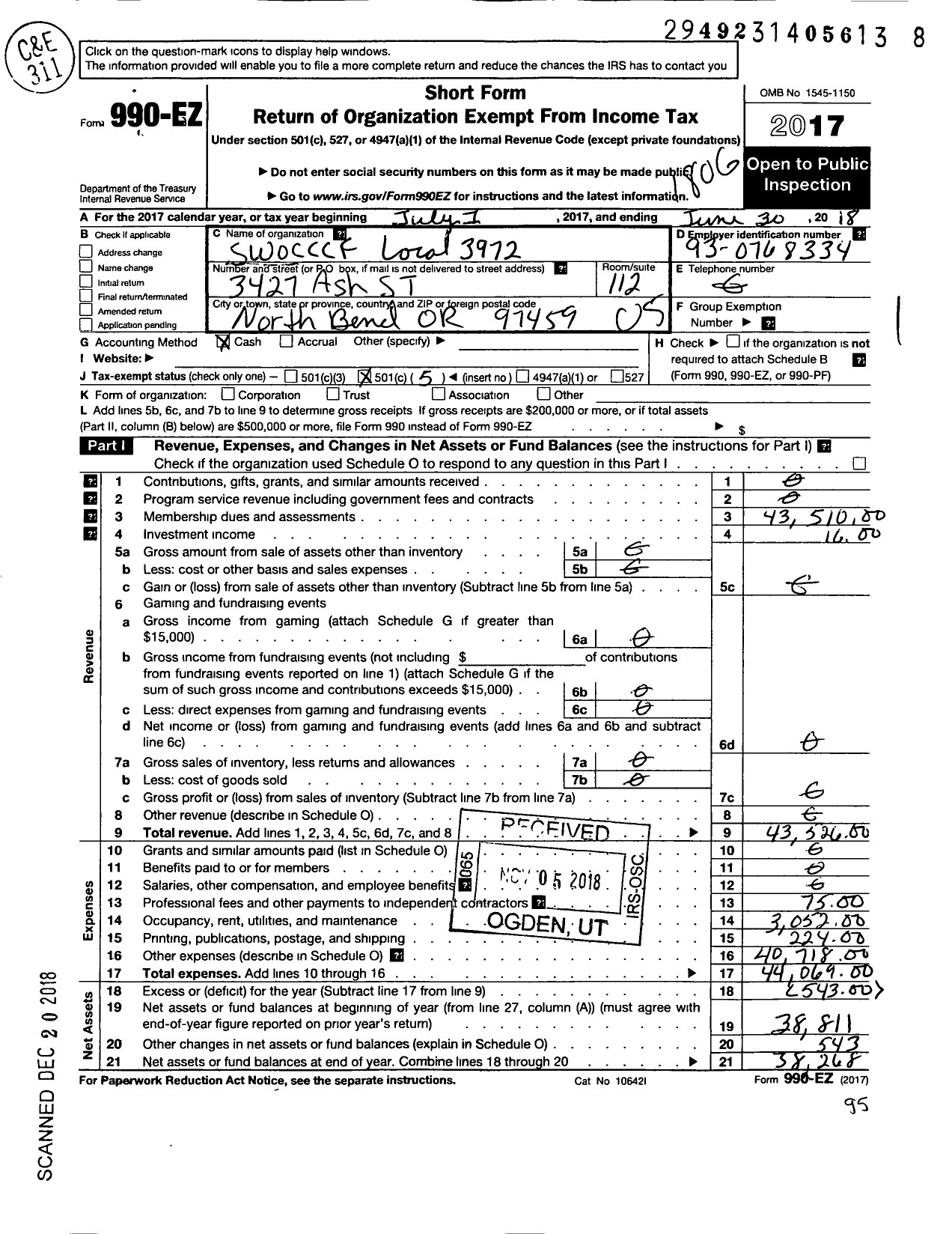 Image of first page of 2017 Form 990EO for American Federation of Teachers - 3972 SW Oregon CC Classif Emp