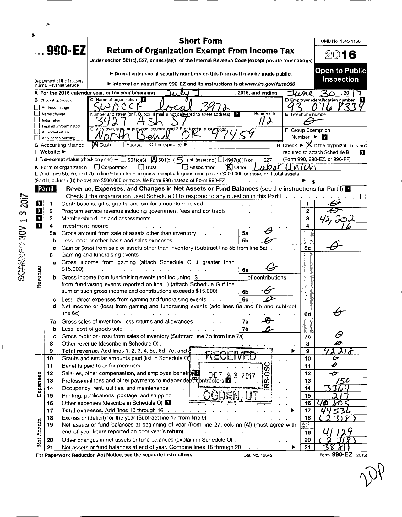 Image of first page of 2016 Form 990EO for American Federation of Teachers - 3972 SW Oregon CC Classif Emp