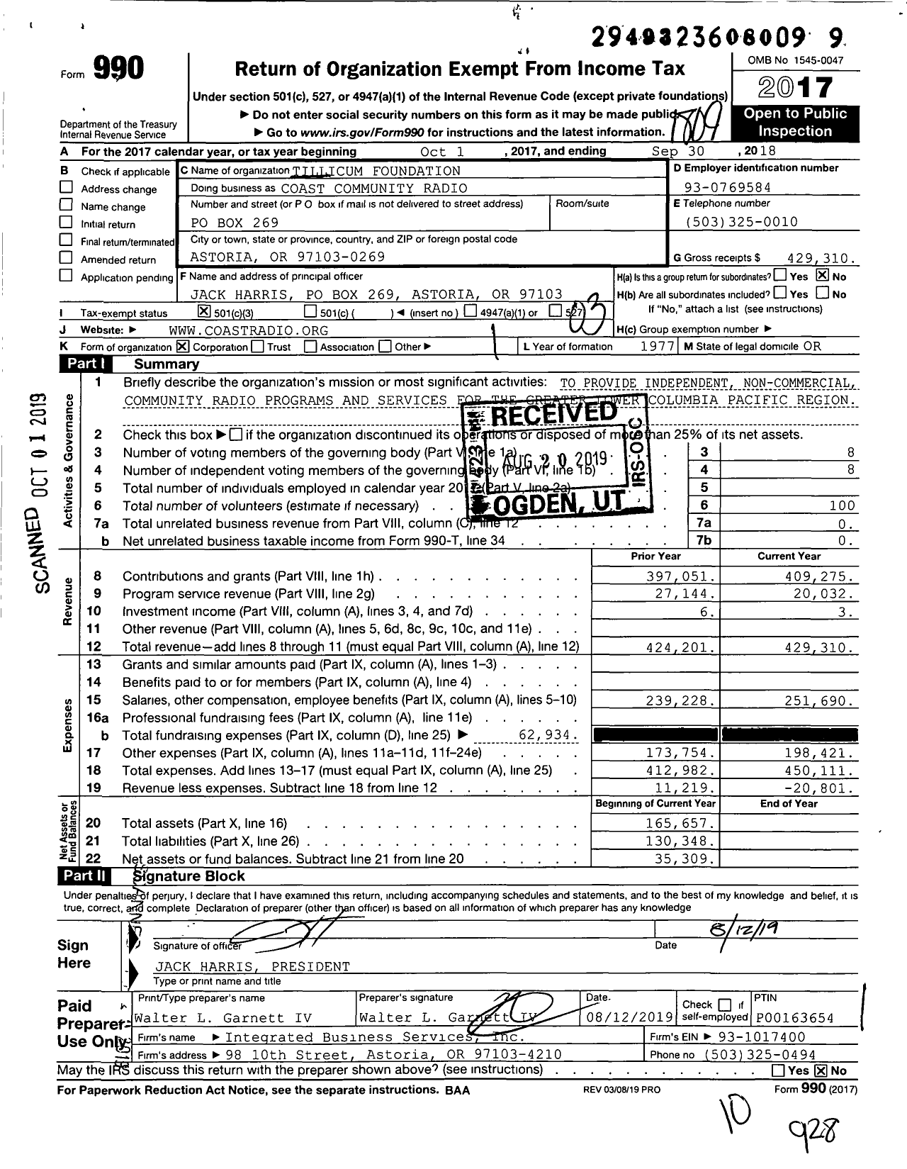 Image of first page of 2017 Form 990 for Tillicum Foundation