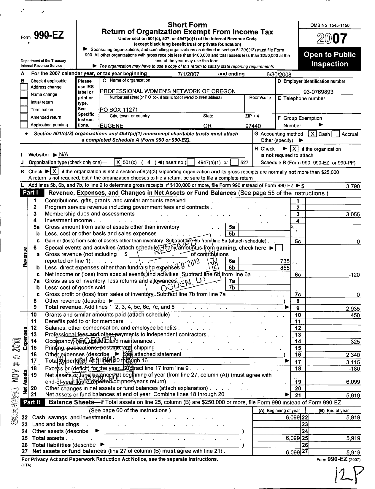 Image of first page of 2007 Form 990EO for Professional Womens Network of Oregon