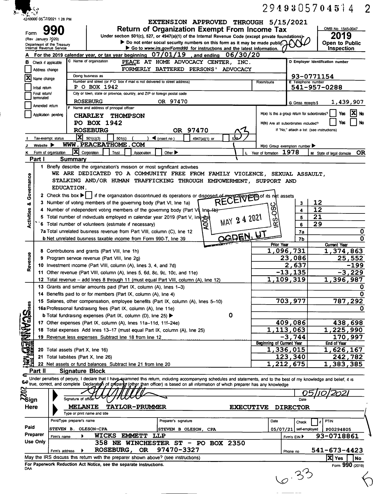 Image of first page of 2019 Form 990 for Peace at Home Advocacy Center