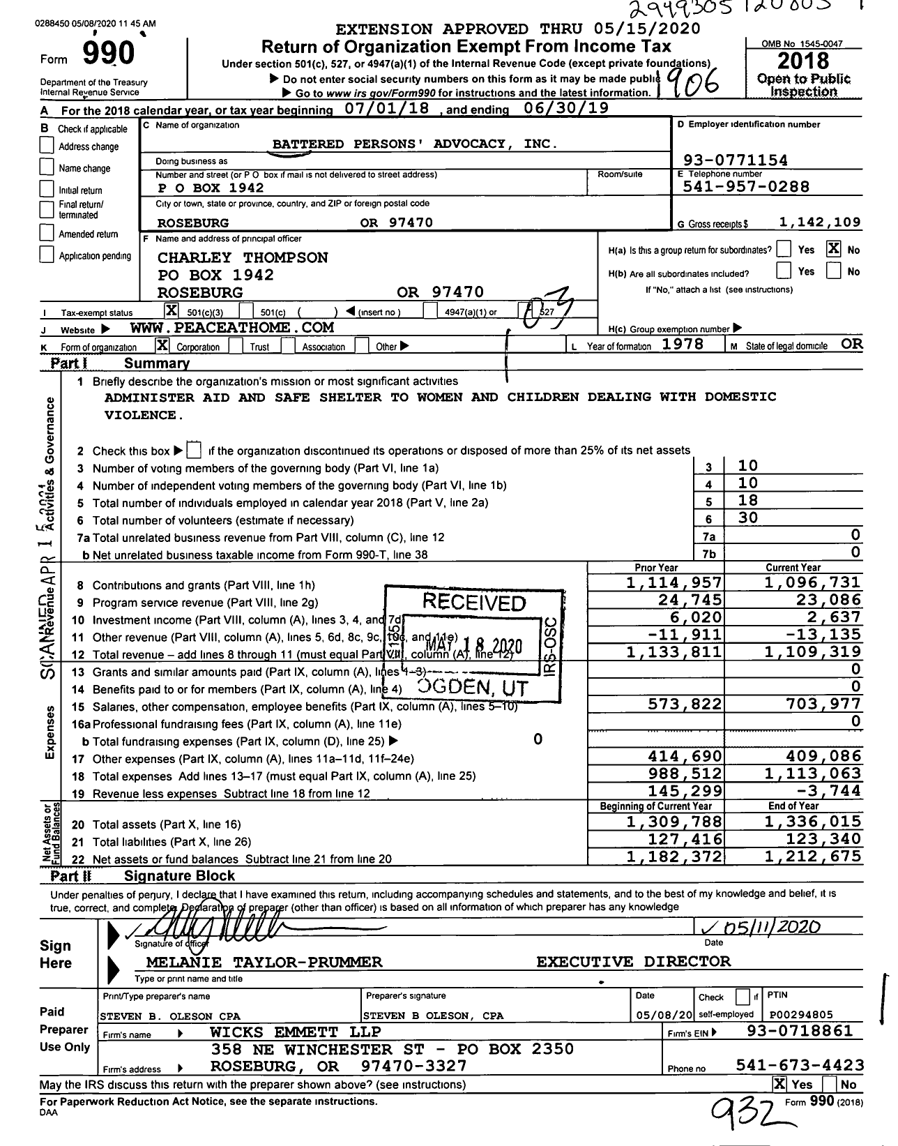 Image of first page of 2018 Form 990 for Peace at Home Advocacy Center