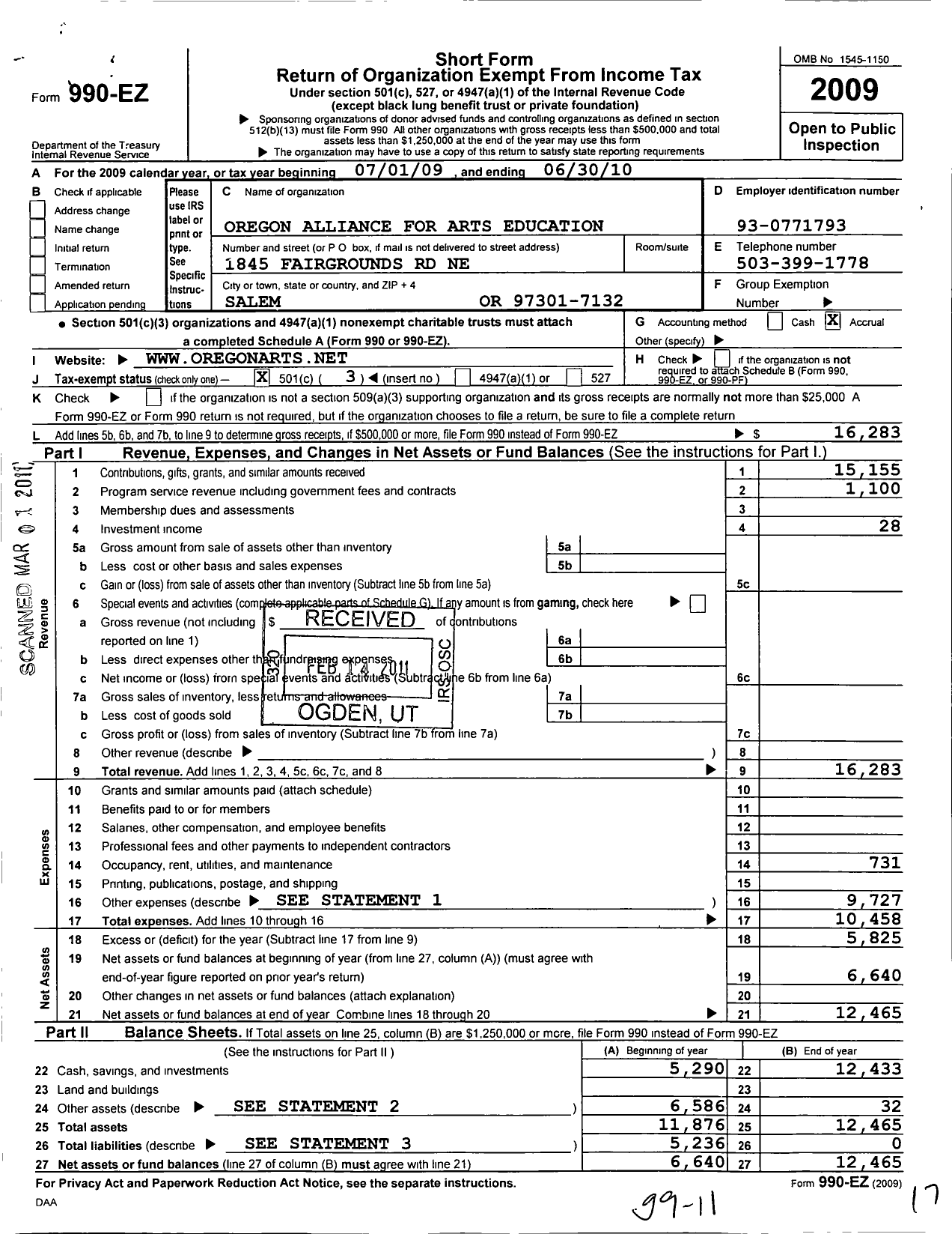 Image of first page of 2009 Form 990EZ for Oregon Alliance for Arts Education