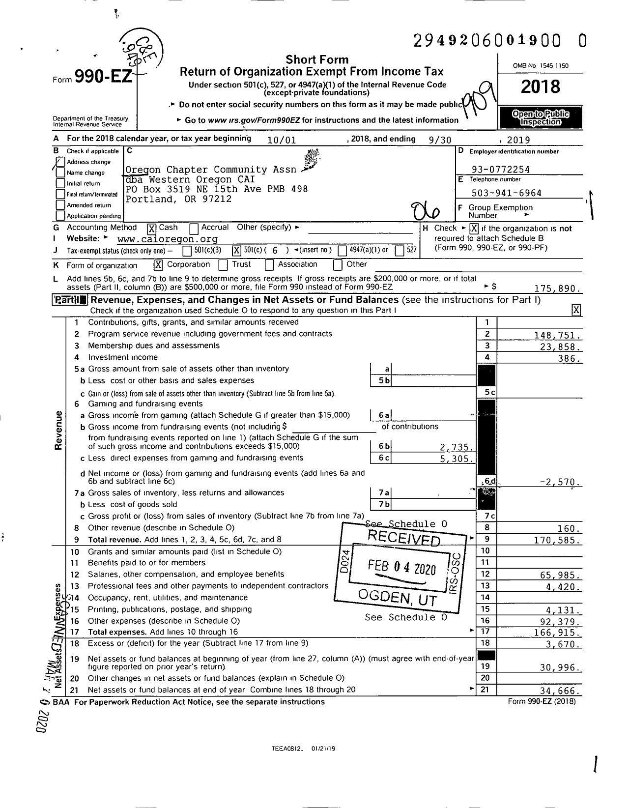 Image of first page of 2018 Form 990EO for Community Associations Institute - Oregon Chapter