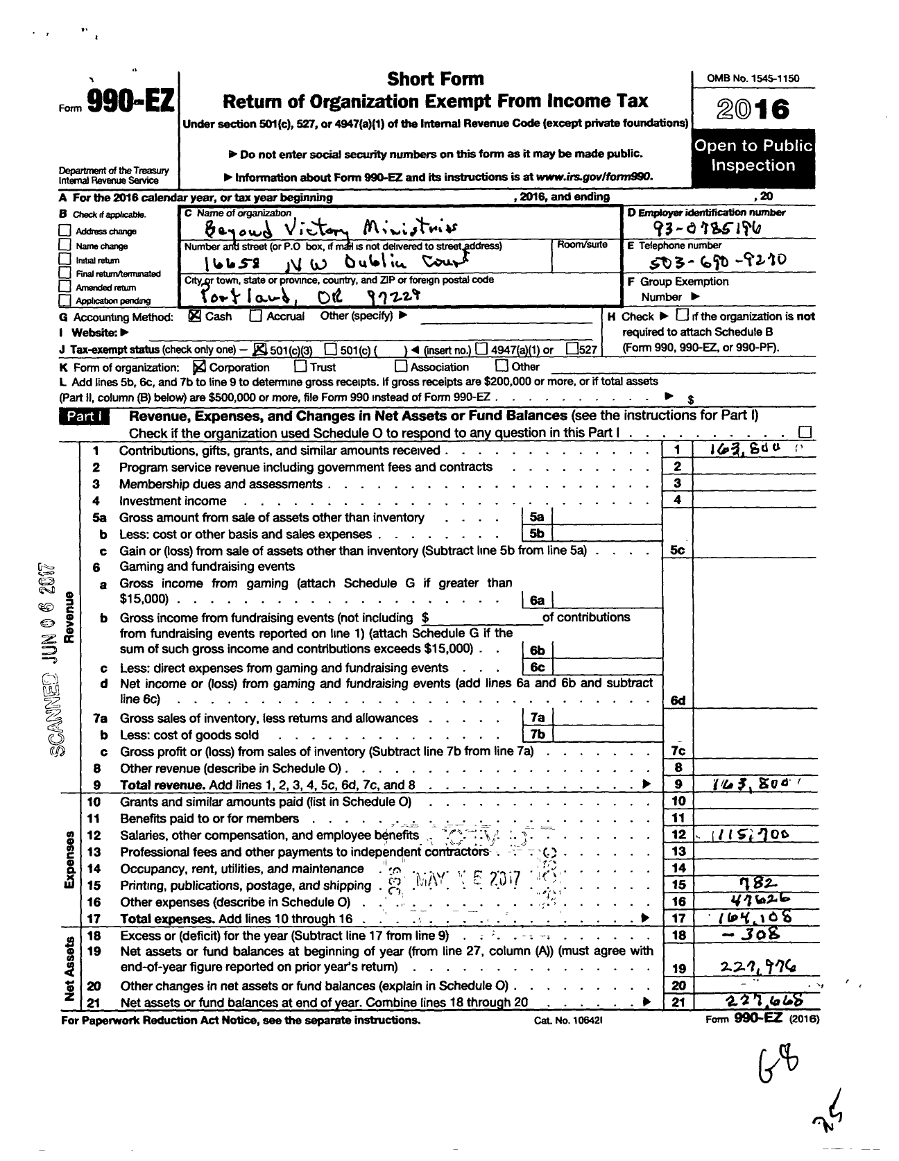 Image of first page of 2016 Form 990EZ for Beyond Victory Ministries