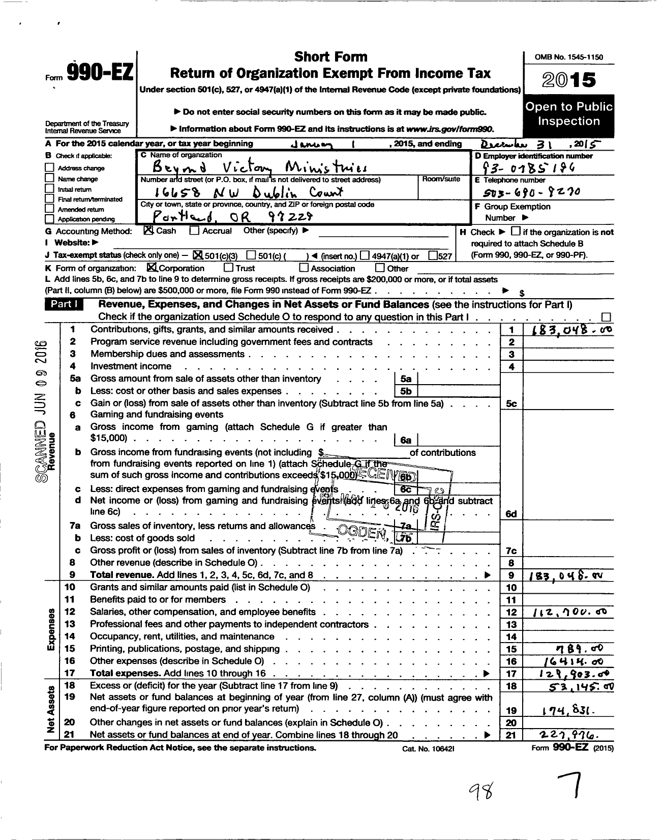 Image of first page of 2015 Form 990EZ for Beyond Victory Ministries