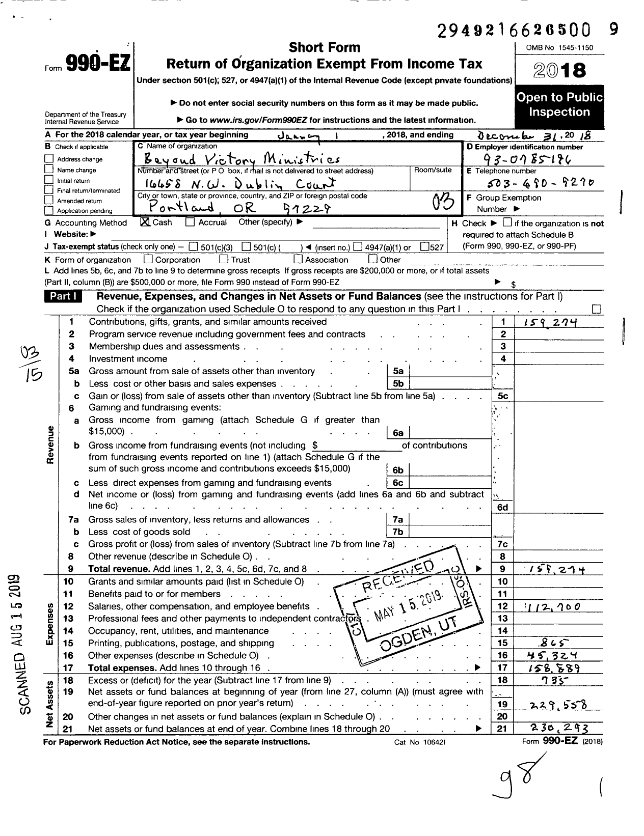 Image of first page of 2018 Form 990EZ for Beyond Victory Ministries