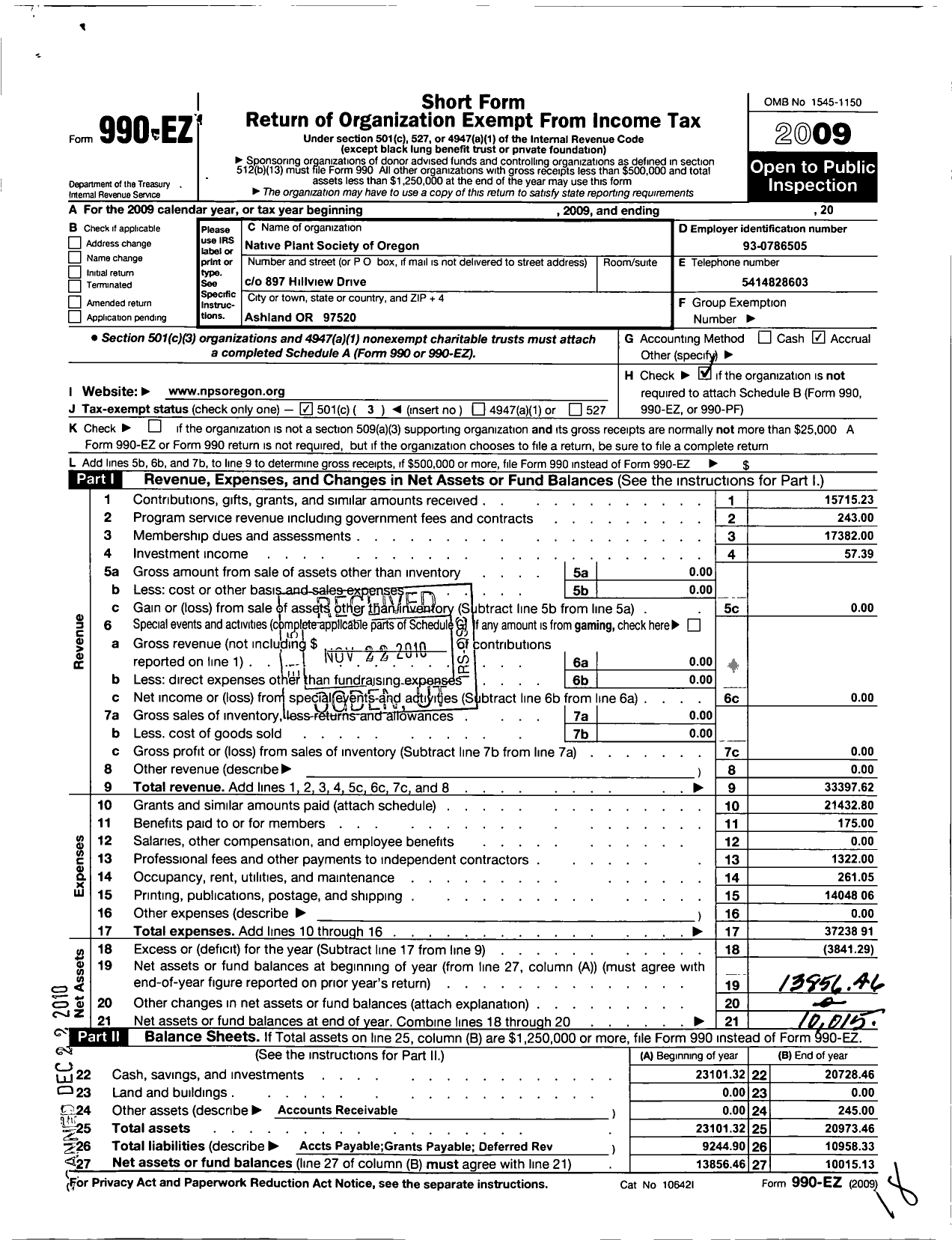 Image of first page of 2009 Form 990EZ for Native Plant Society of Oregon