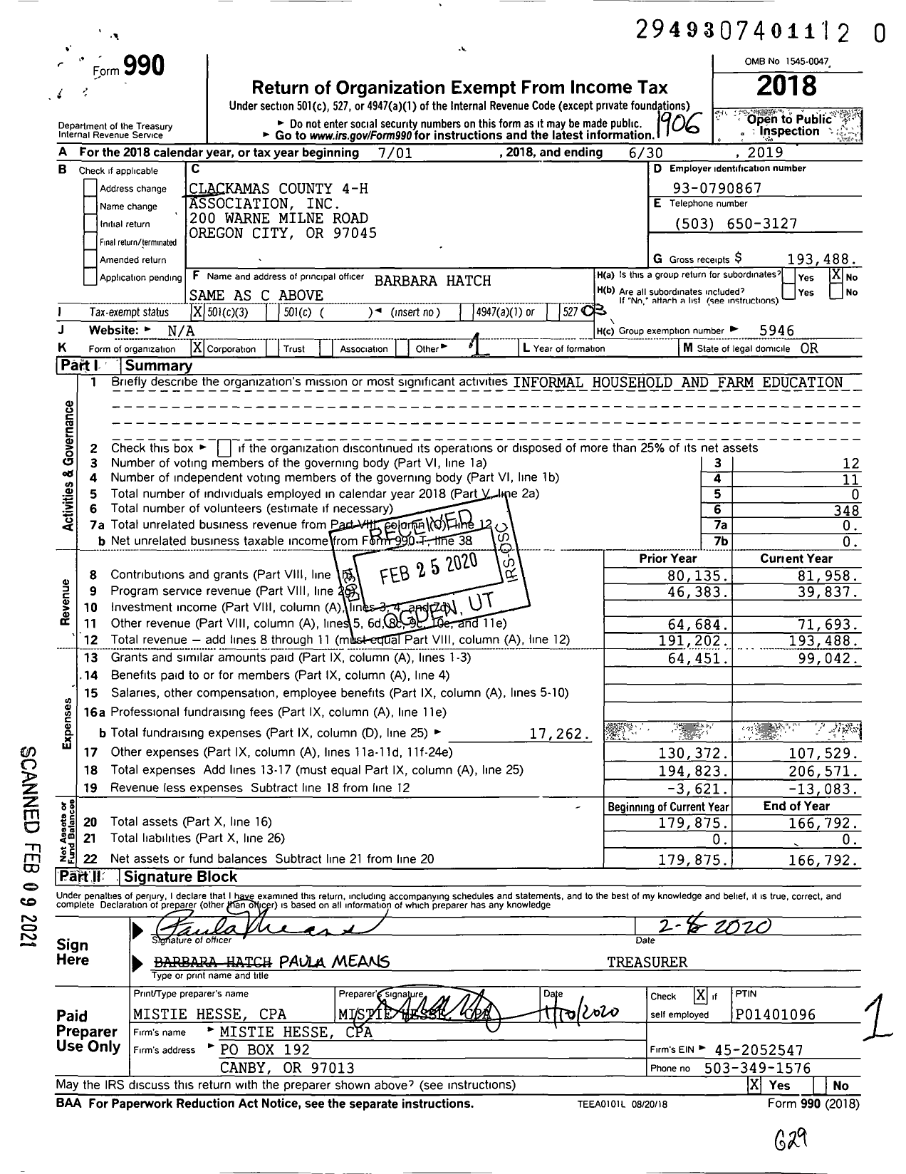 Image of first page of 2018 Form 990 for Clackamas County 4-H Association