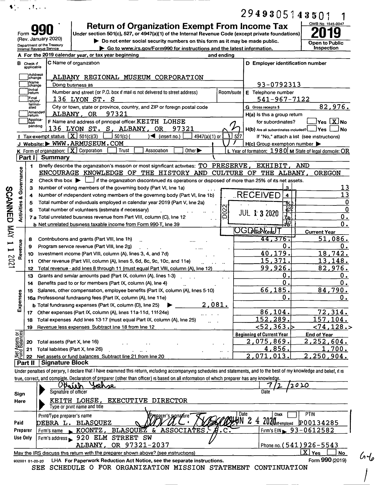 Image of first page of 2019 Form 990 for Albany Regional Museum Corporation