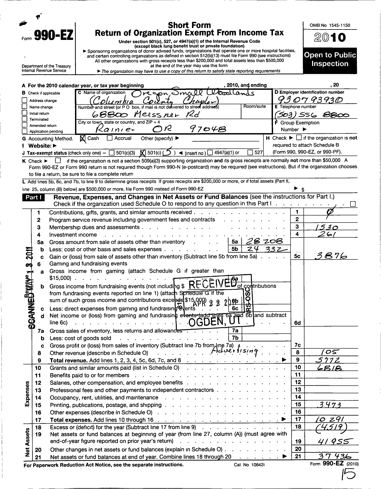 Image of first page of 2010 Form 990EO for Oregon Small Woodlands Association / Columbia Chapter