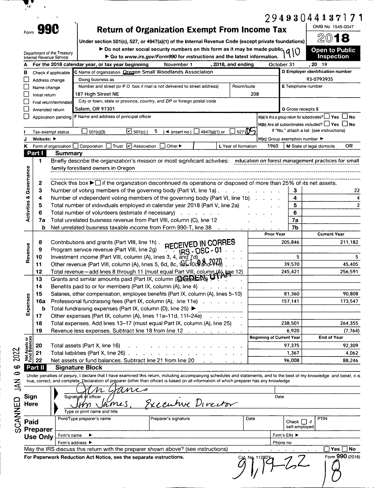 Image of first page of 2018 Form 990O for Oregon Small Woodlands Association