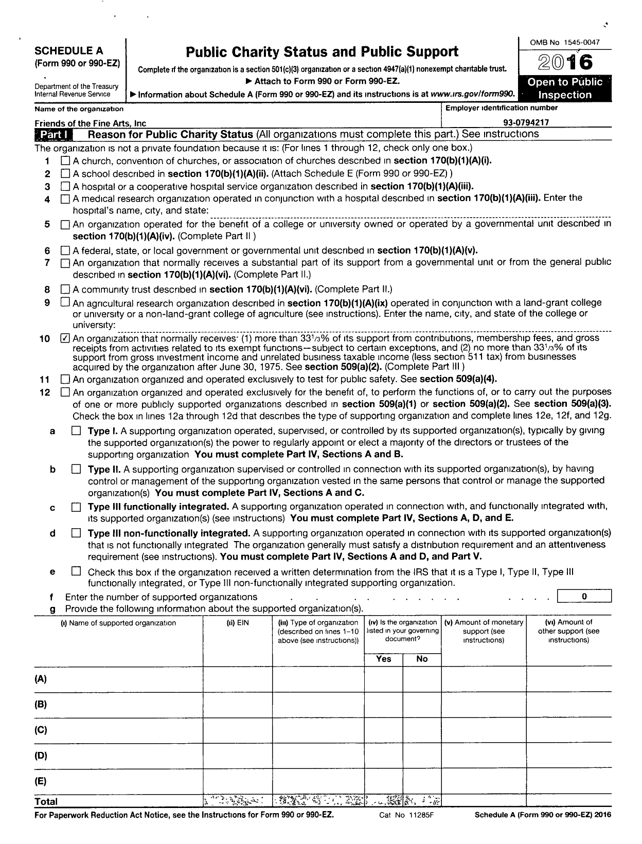 Image of first page of 2016 Form 990R for Friends of the Fine Arts Incorporated