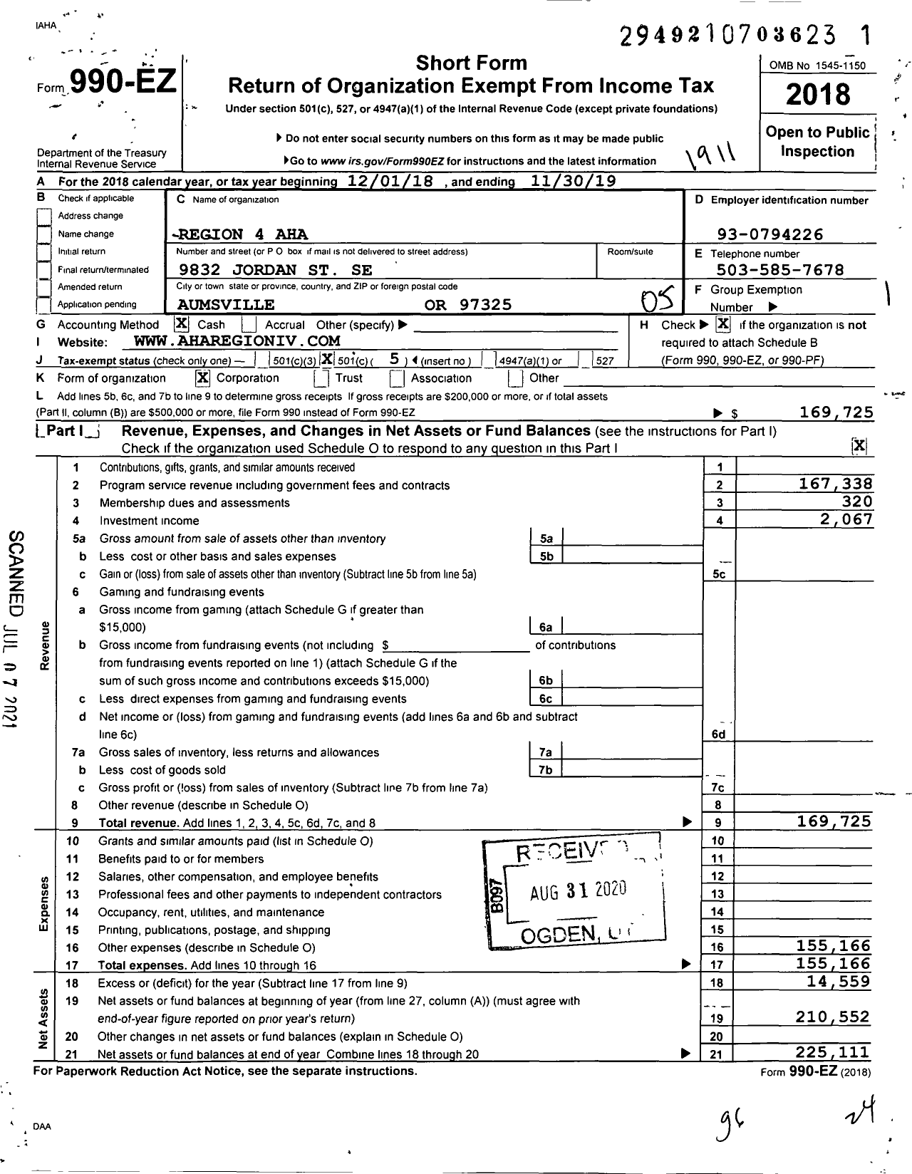 Image of first page of 2018 Form 990EO for Region 4 Aha