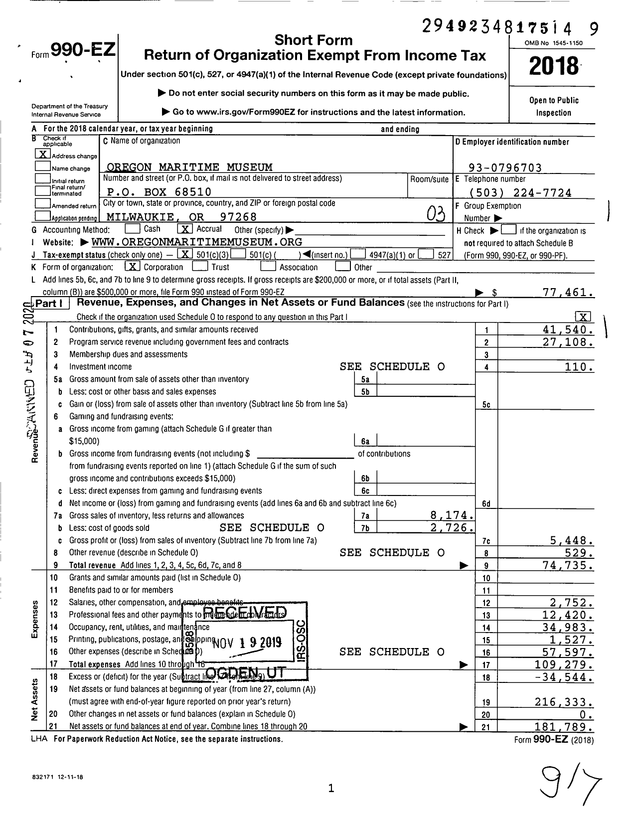 Image of first page of 2018 Form 990EZ for Oregon Maritime Museum