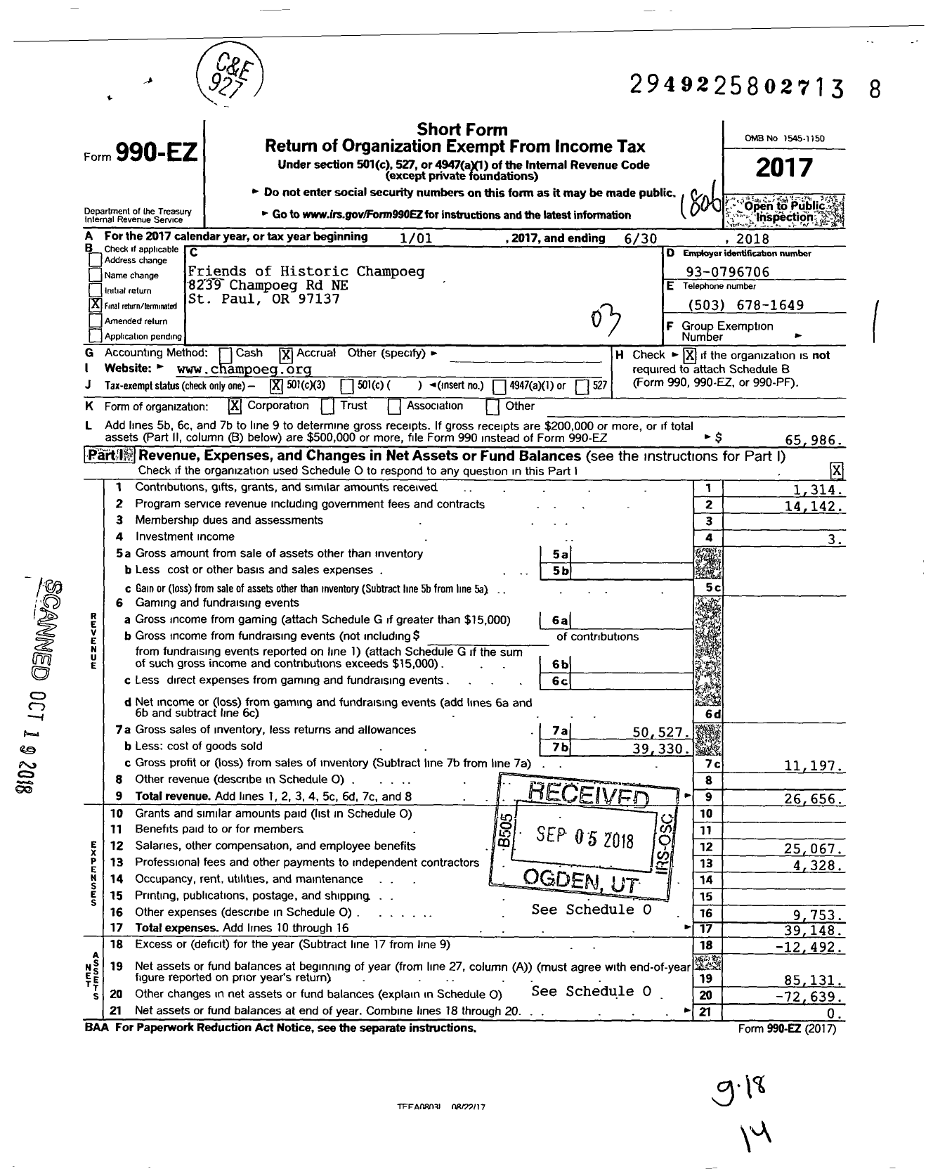 Image of first page of 2017 Form 990EZ for Friends of Historic Champoeg