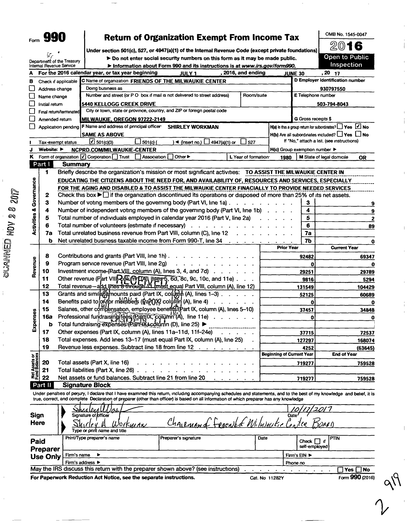 Image of first page of 2016 Form 990 for Milwaukie Community Center Foundati on