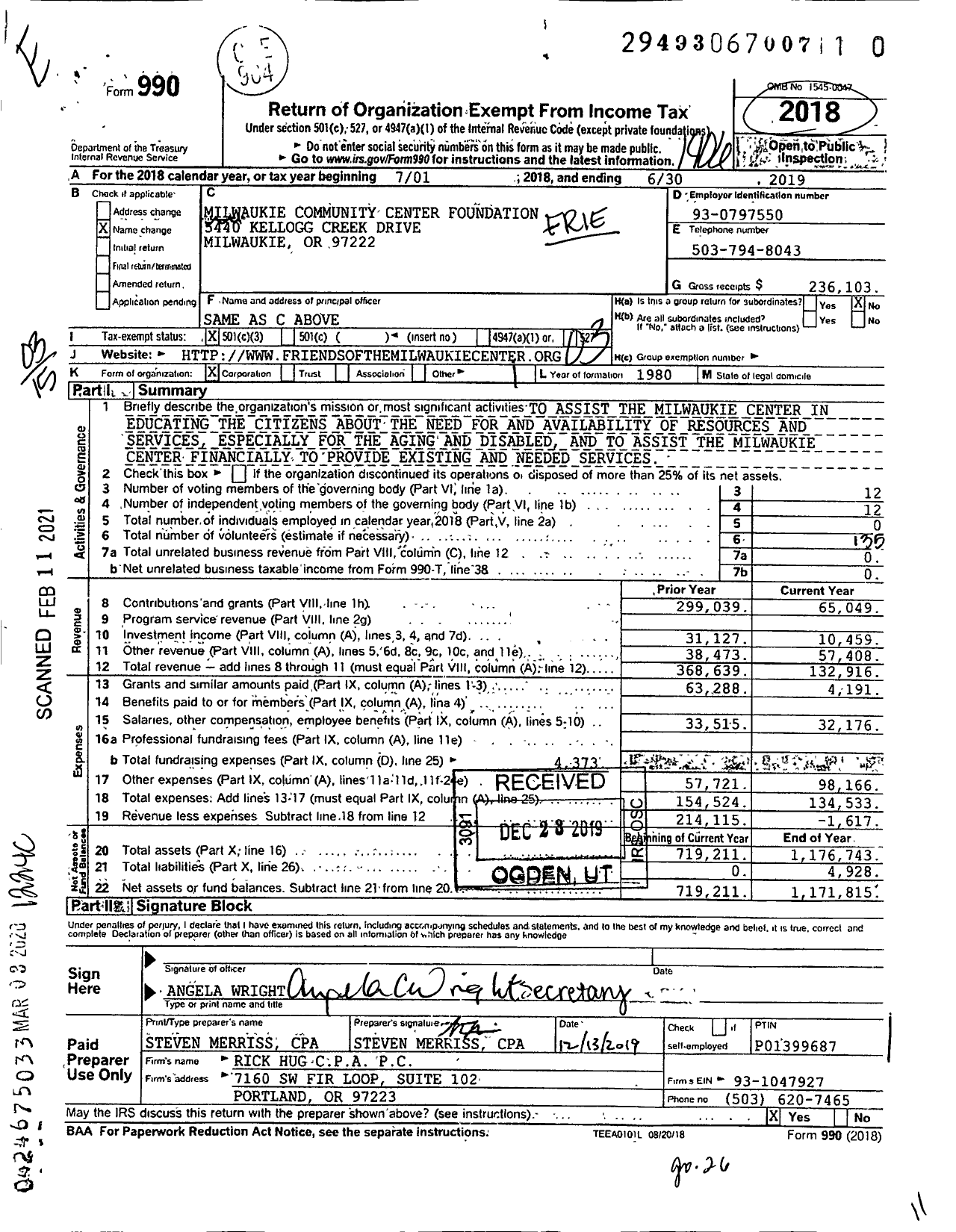 Image of first page of 2018 Form 990 for Milwaukie Community Center Foundati on