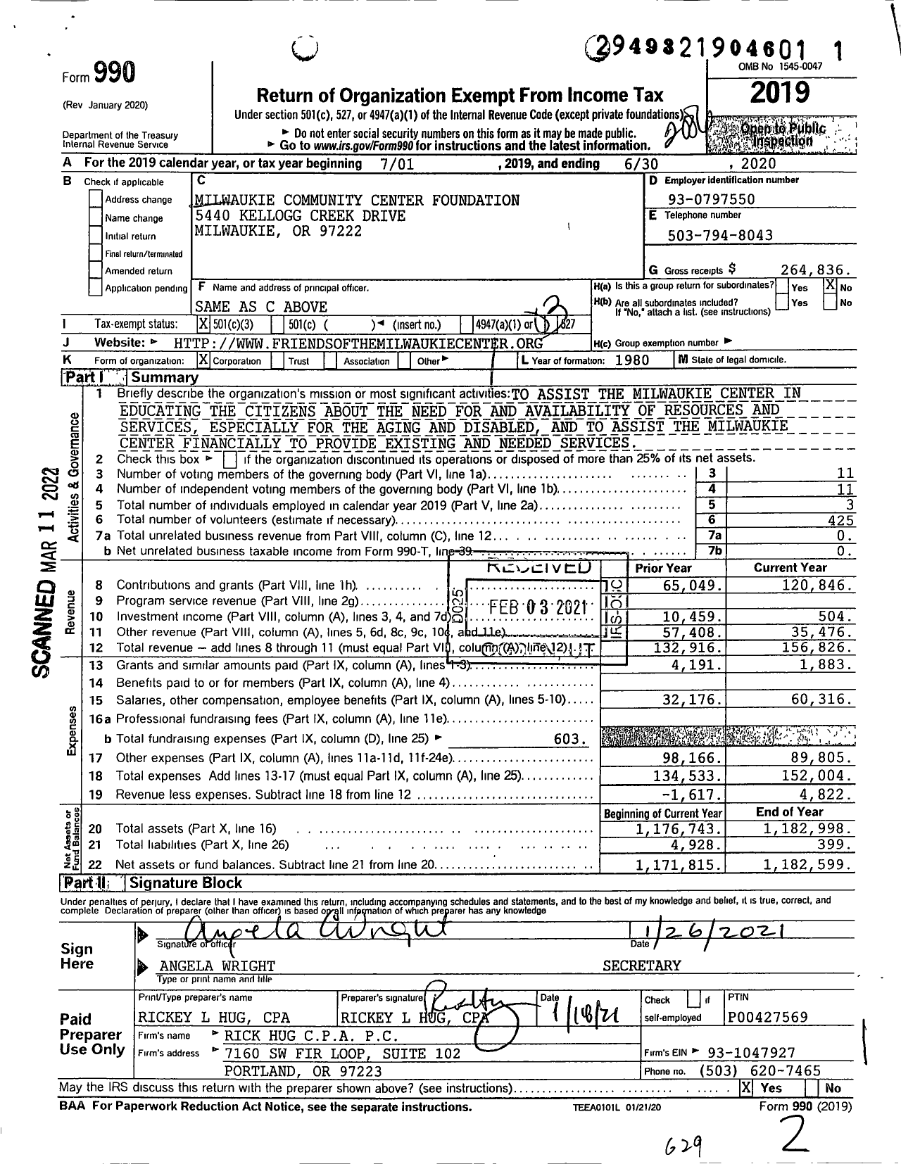 Image of first page of 2019 Form 990 for Milwaukie Community Center Foundati on