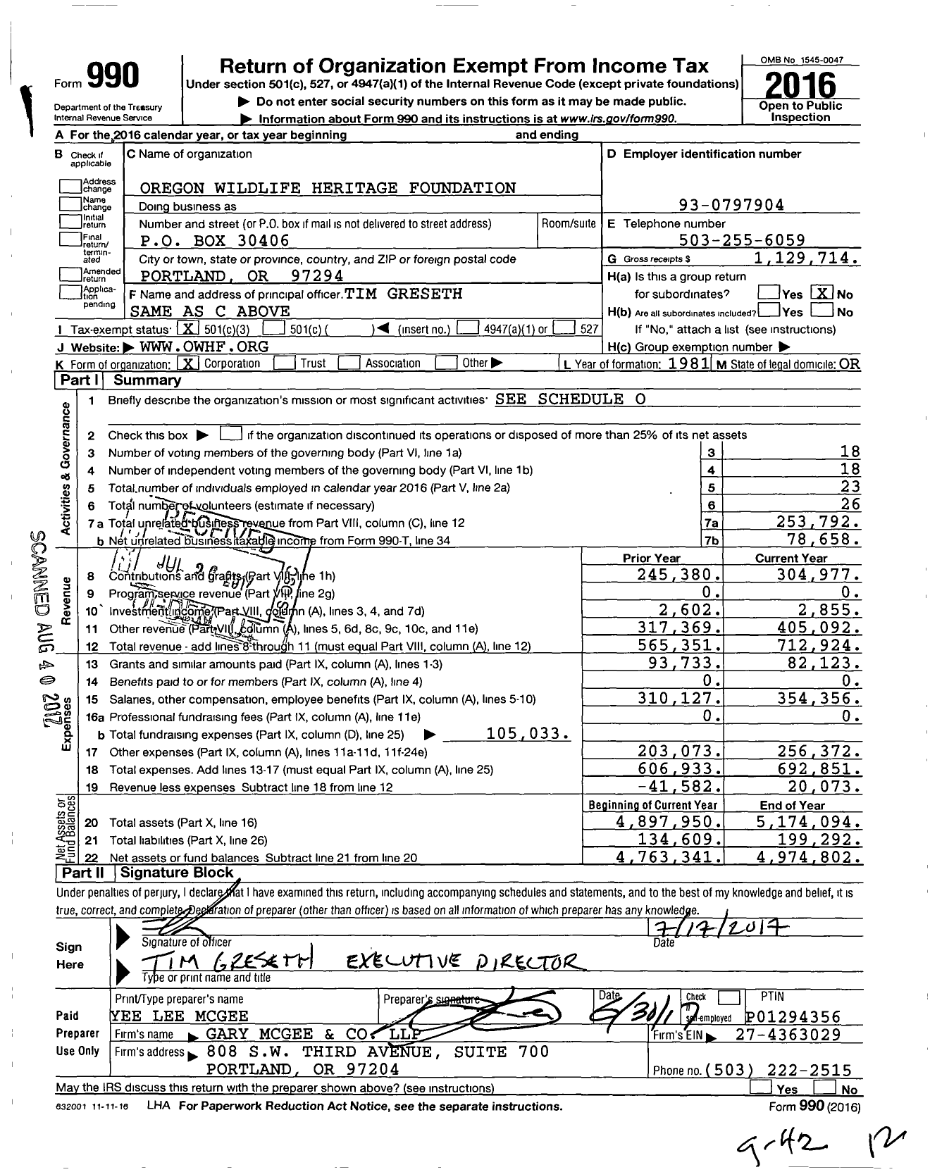 Image of first page of 2016 Form 990 for Oregon Wildlife Foundation