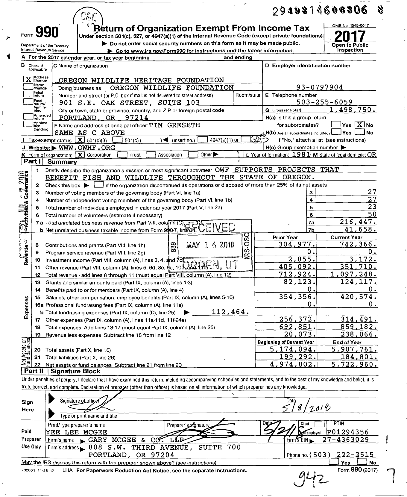 Image of first page of 2017 Form 990 for Oregon Wildlife Foundation
