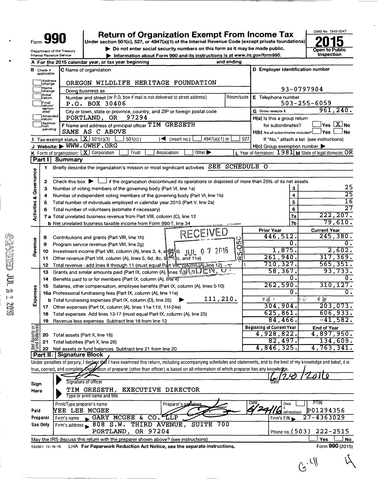 Image of first page of 2015 Form 990 for Oregon Wildlife Foundation