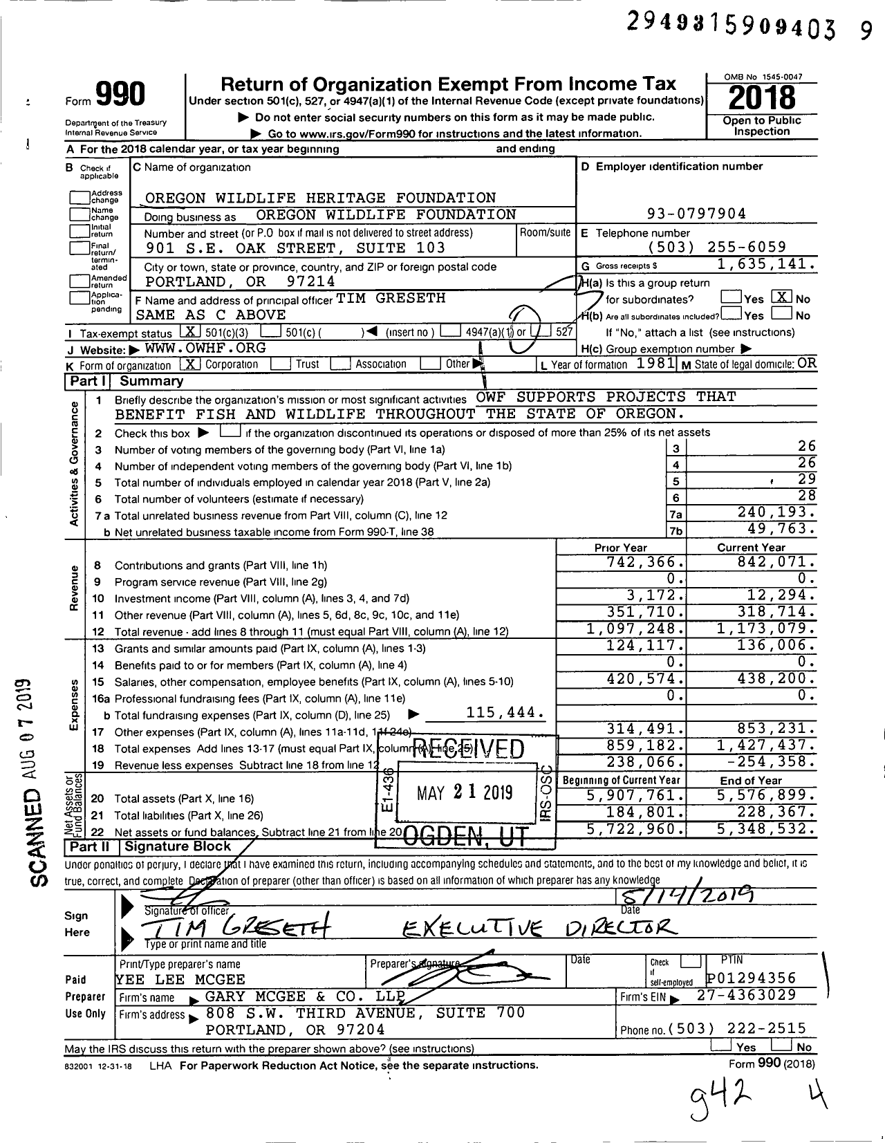 Image of first page of 2018 Form 990 for Oregon Wildlife Foundation