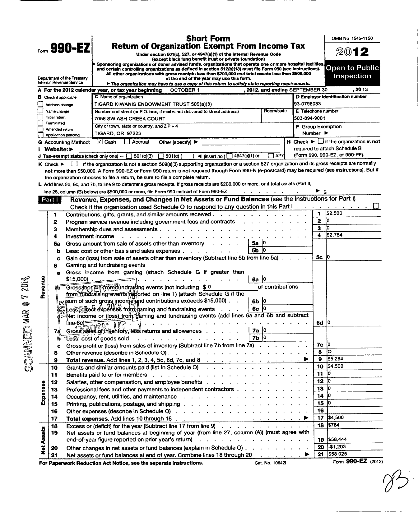 Image of first page of 2012 Form 990EO for Tigard Kiwanis Endowment Trust