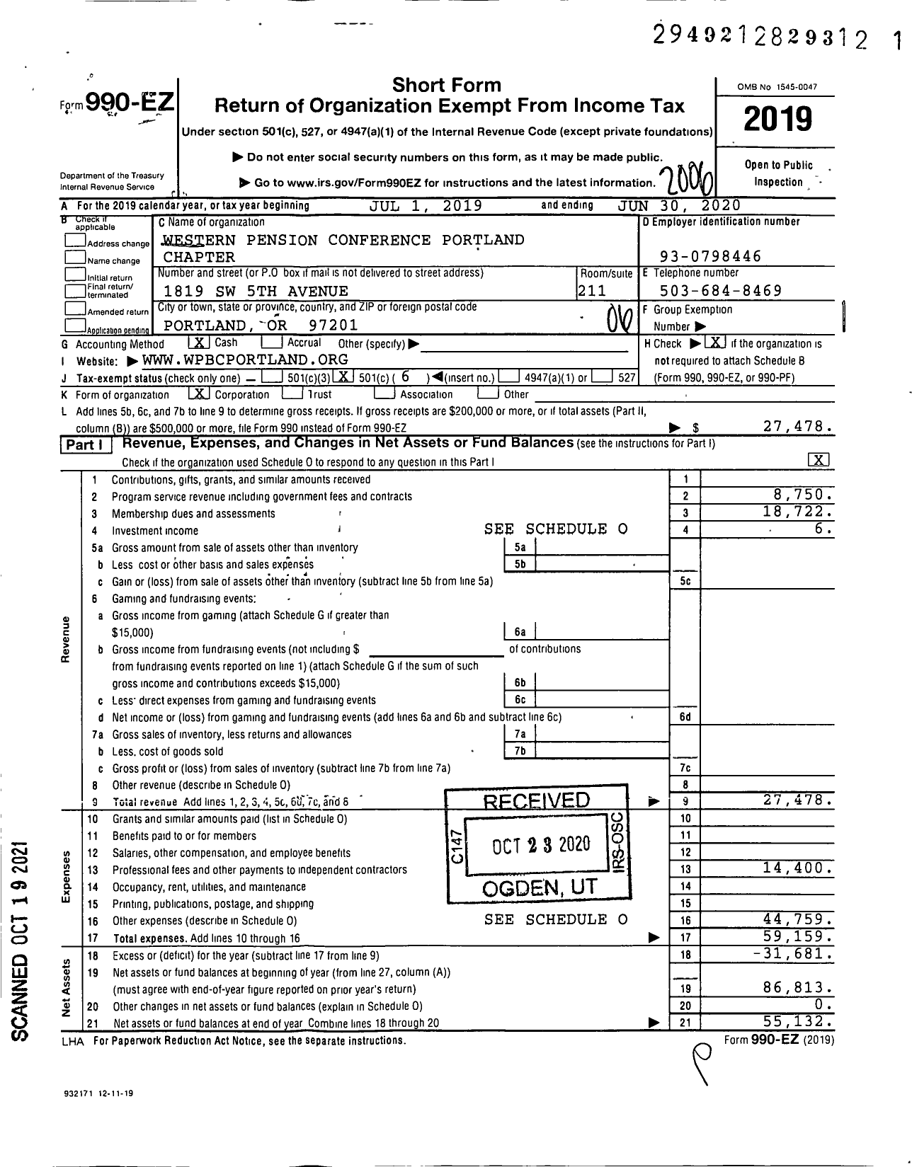 Image of first page of 2019 Form 990EO for Western Pension Conference Portland Chapter