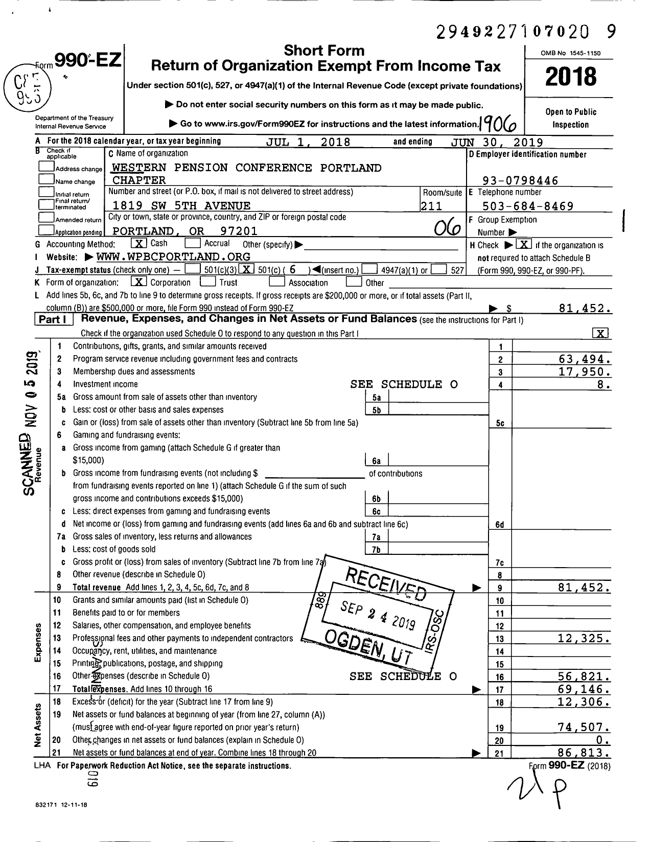 Image of first page of 2018 Form 990EO for Western Pension Conference Portland Chapter