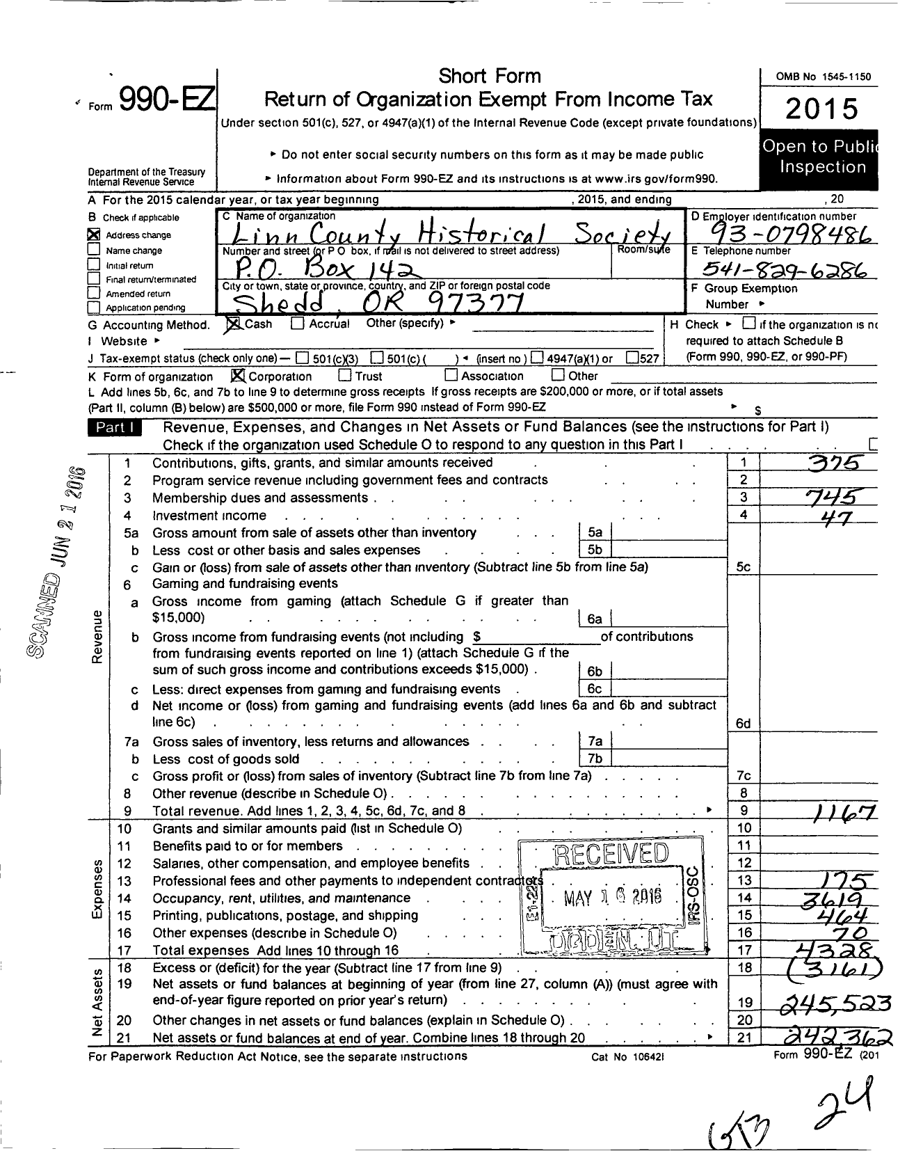 Image of first page of 2015 Form 990EO for Linn County Historical Society