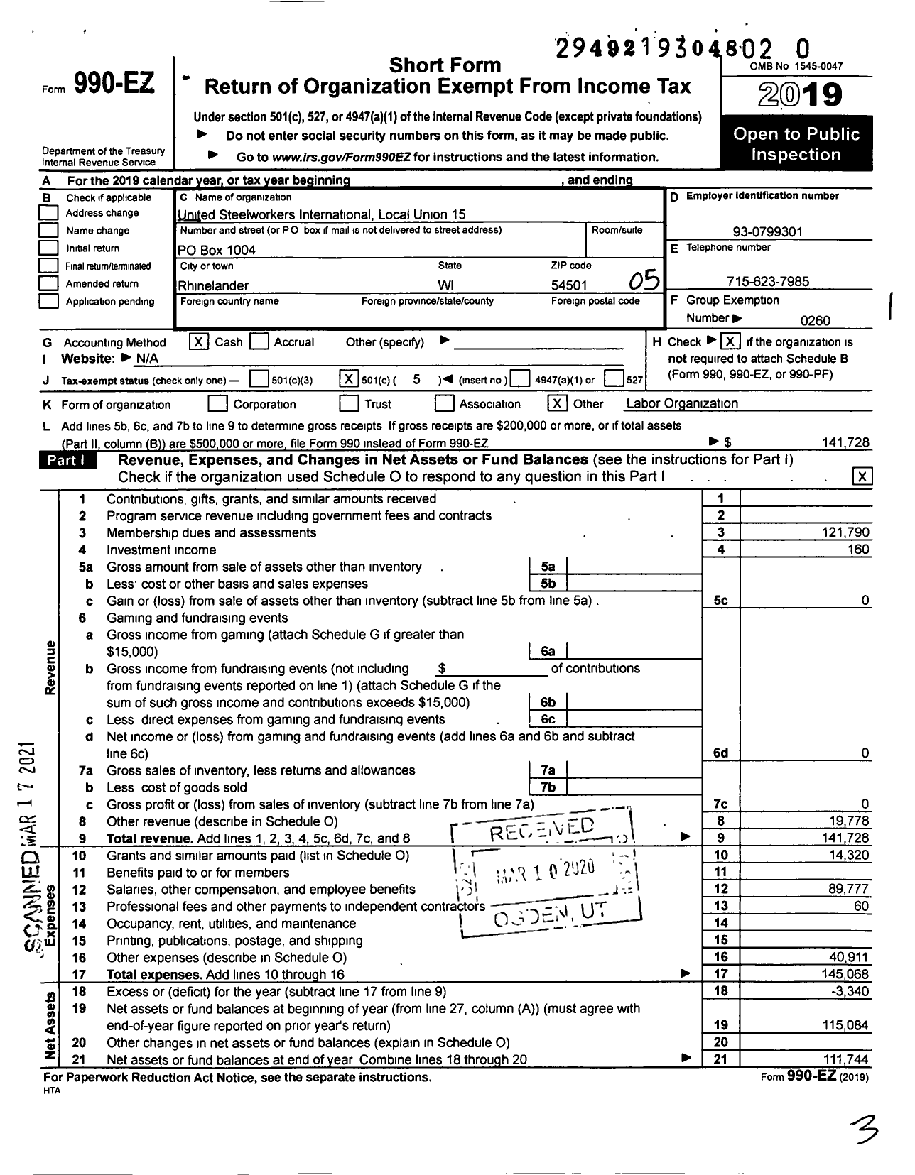 Image of first page of 2019 Form 990EO for United Steelworkers - 2-00015 Local