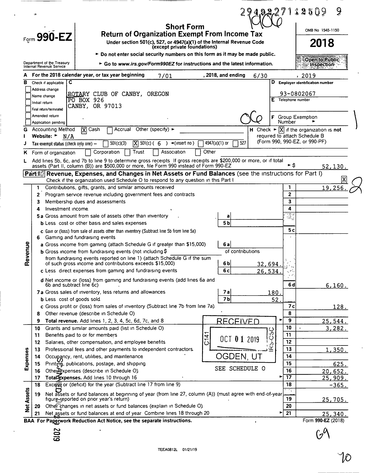 Image of first page of 2018 Form 990EO for Rotary International - Rotary Club of Canby Or