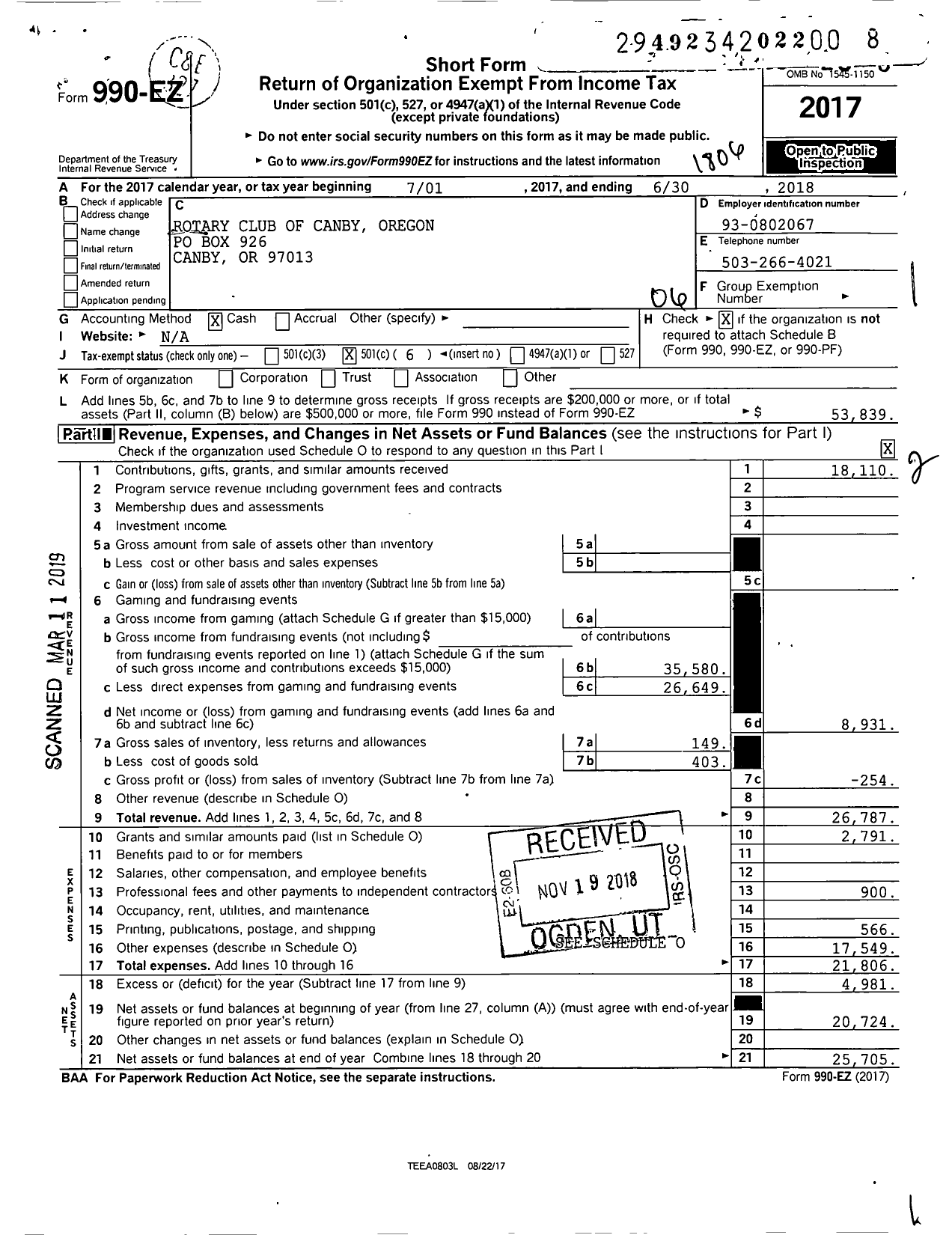 Image of first page of 2017 Form 990EO for Rotary International - Rotary Club of Canby Or