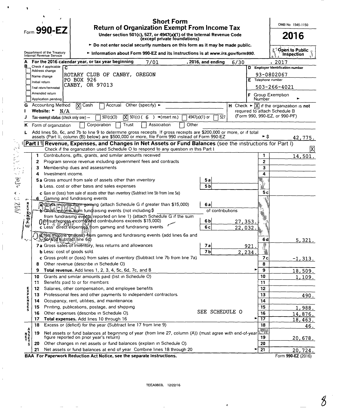 Image of first page of 2016 Form 990EO for Rotary International - Rotary Club of Canby Or