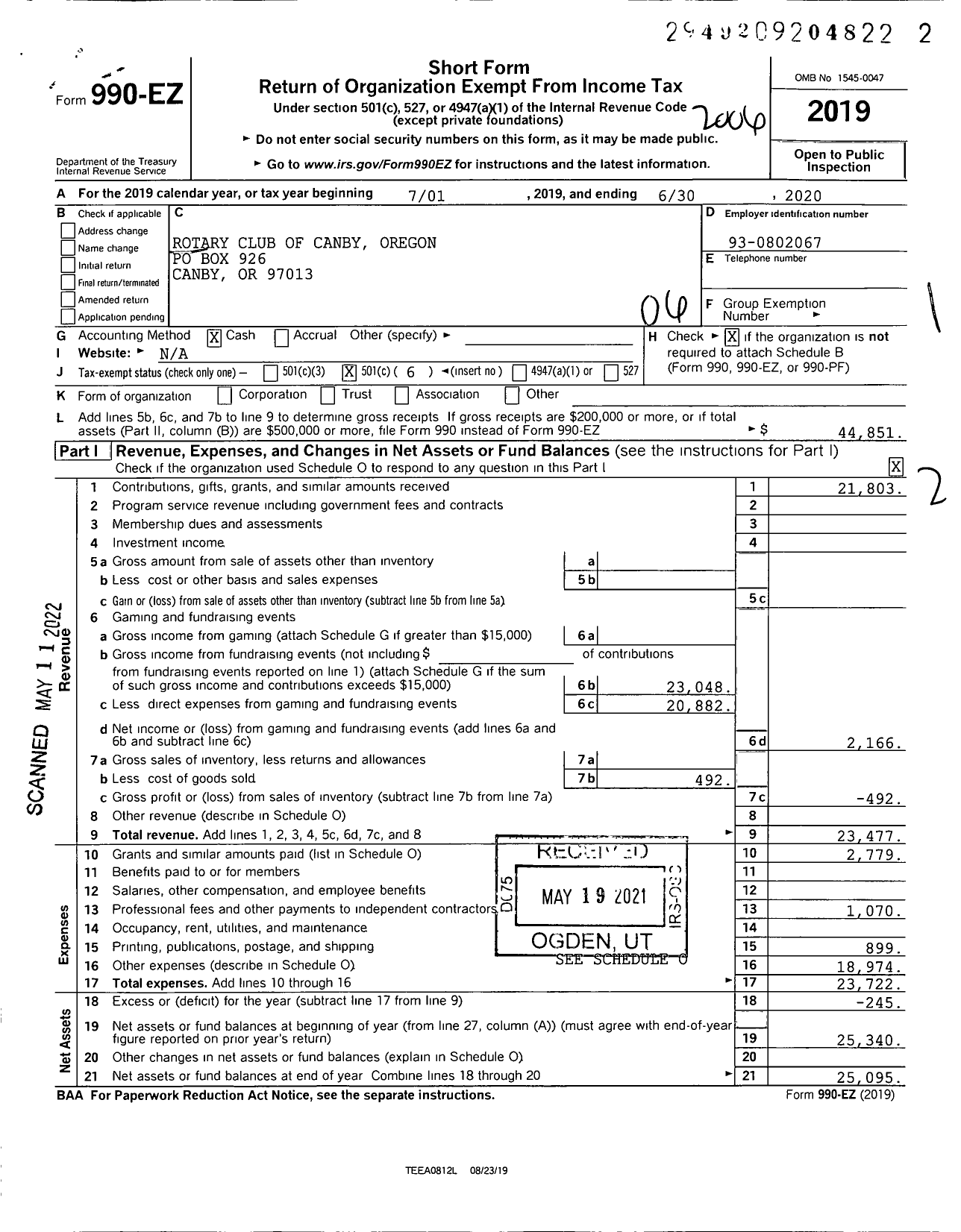 Image of first page of 2019 Form 990EO for Rotary International - Rotary Club of Canby Or