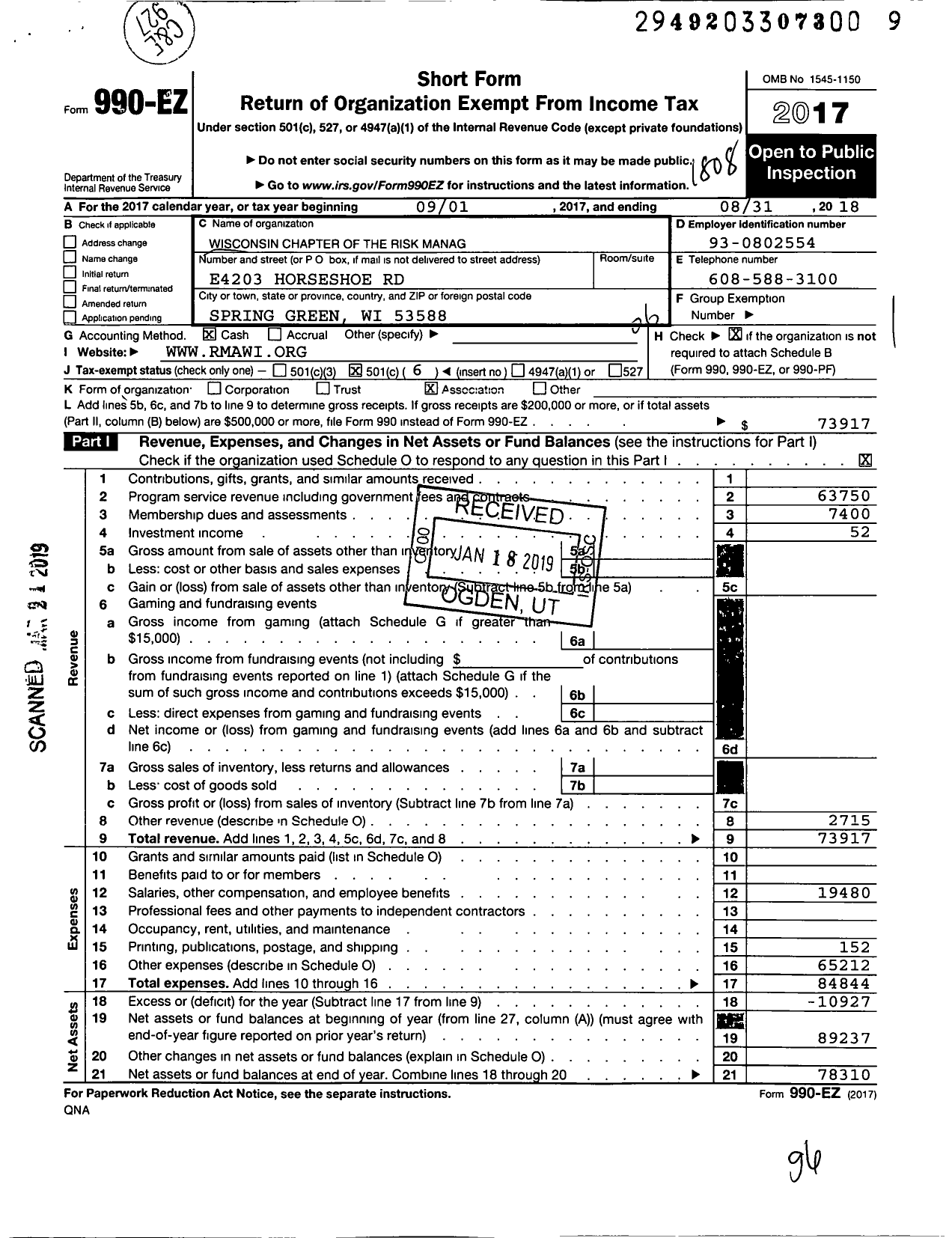 Image of first page of 2017 Form 990EO for Wisconsin Chapter of the Risk Manager