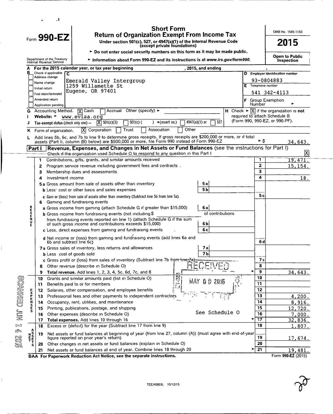 Image of first page of 2015 Form 990EZ for Emerald Valley Intergroup