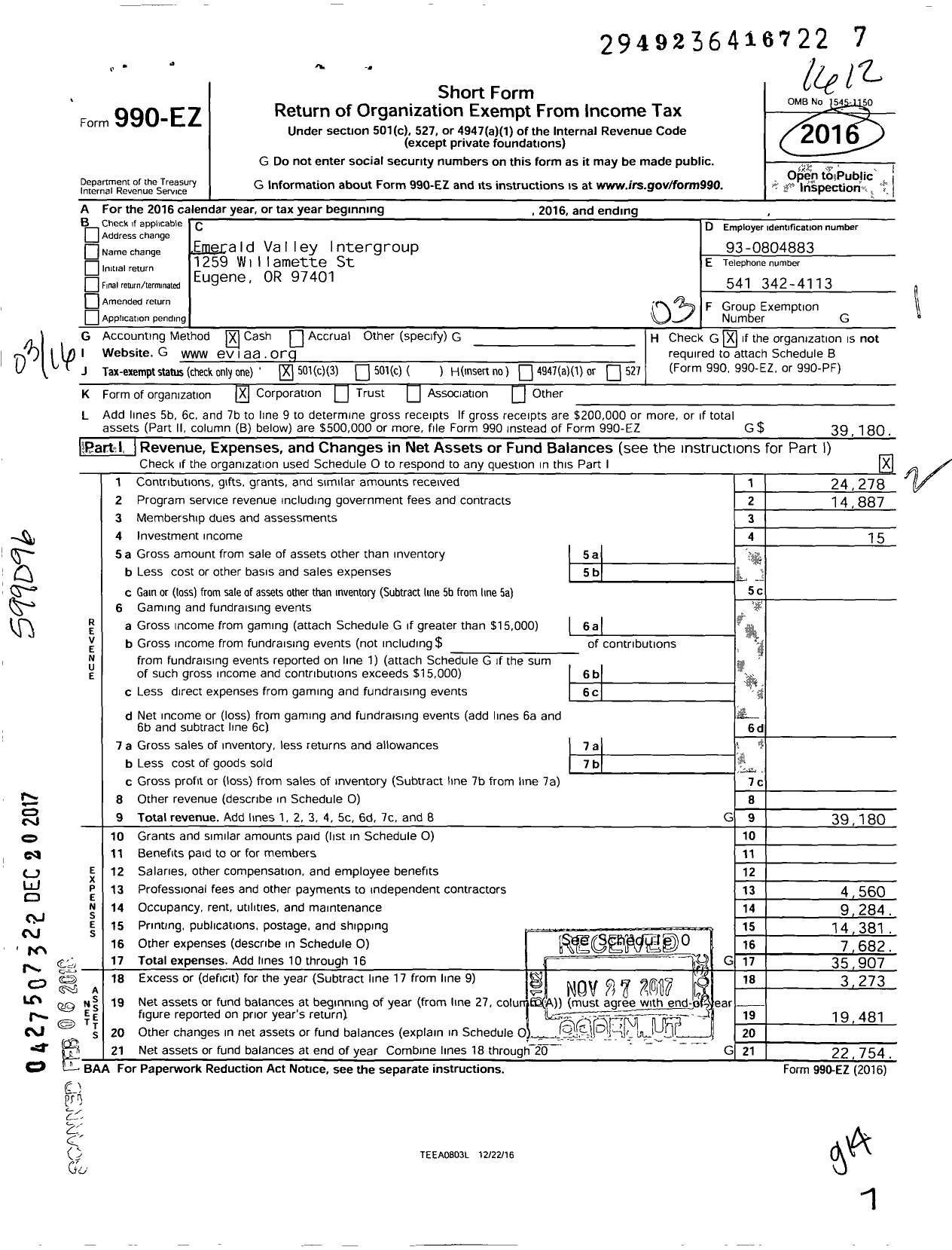 Image of first page of 2016 Form 990EZ for Emerald Valley Intergroup